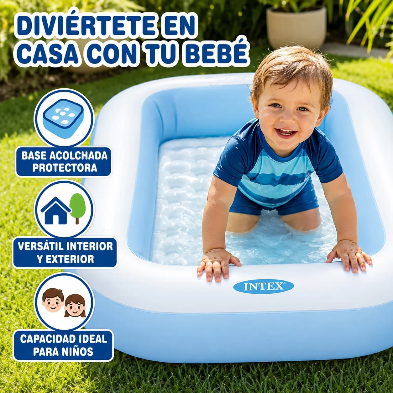 Intex Blue Rectangular Inflatable Pool for Small Children, Pool with Anti-Impact Padded Floor, Measurements 166X100X25Cm, Capacity 90L, Safe Non-Toxic Pvc, Indoor Use, Home, Garden, Terrace, Portable Bathtub, Summer Water Fun for Children