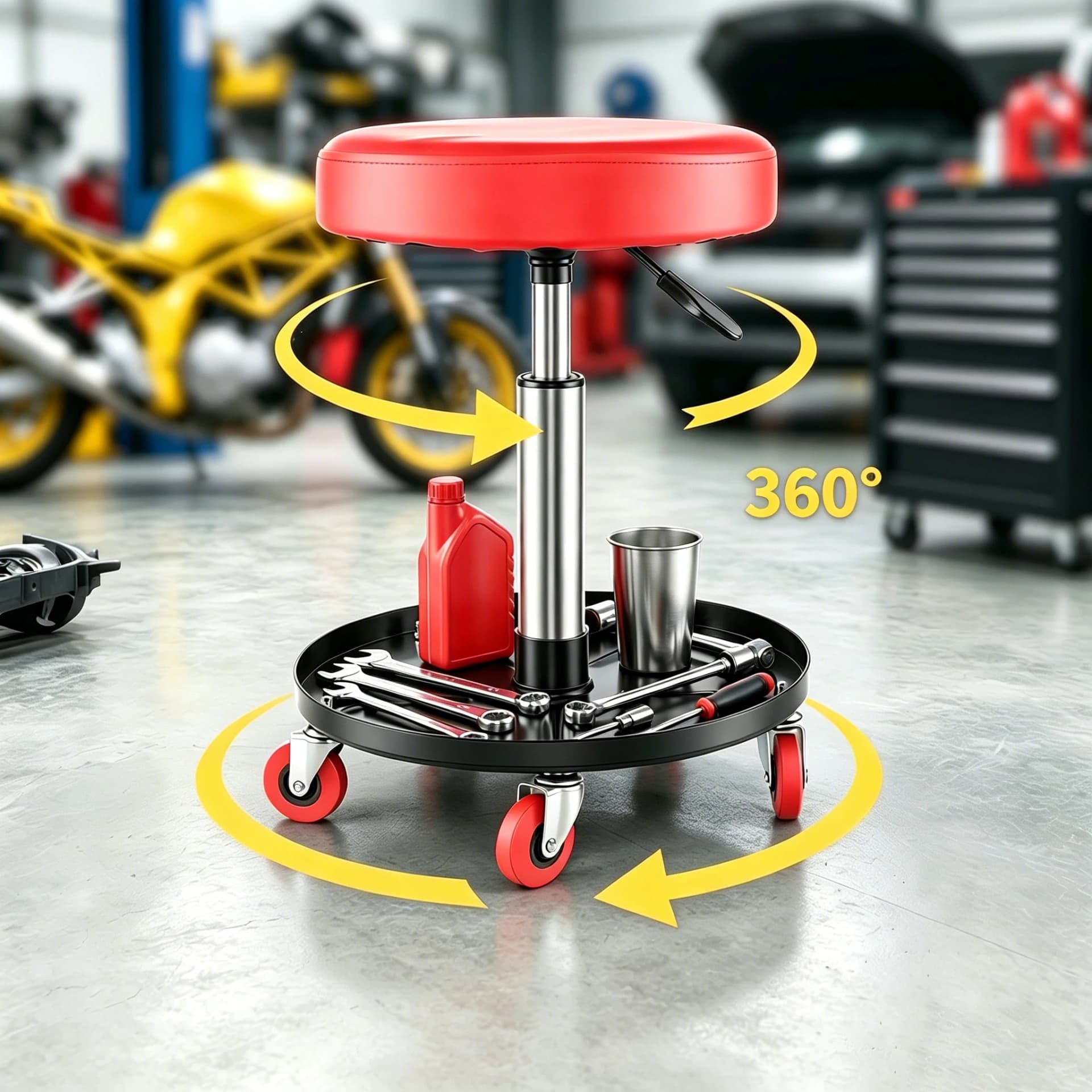 Height-adjustable tool stool with castors, 44–59.5 cm height-adjustable work stool, supports 360° rotation, steel base, 5 castors, load capacity up to 135 kg, suitable for garages, workshops and car repair shops