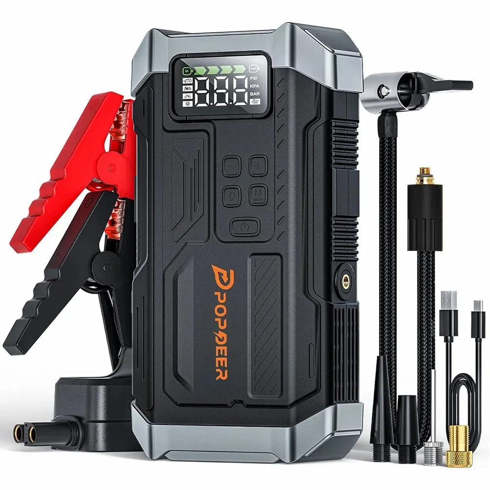 POPDEER PD-JA3 5000A 4-in-1 Jump Starter, 150PSI Air Compressor, 12V USB Powerbank with LCD Display, 10L Gas/8L Diesel
