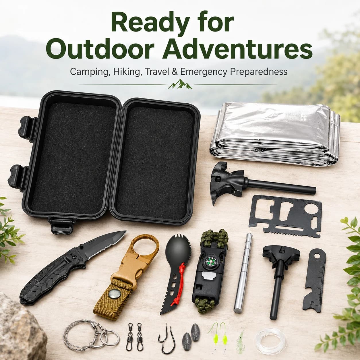 Outdoor Emergency Survival Kit with Multi Tool, Folding Knife, Fire Starter, Paracord Bracelet, Compass, Fishing Accessories and Camping Gear in Storage Case, Portable Adventure Tool Set for Hiking, Camping, Travel and Car Emergency