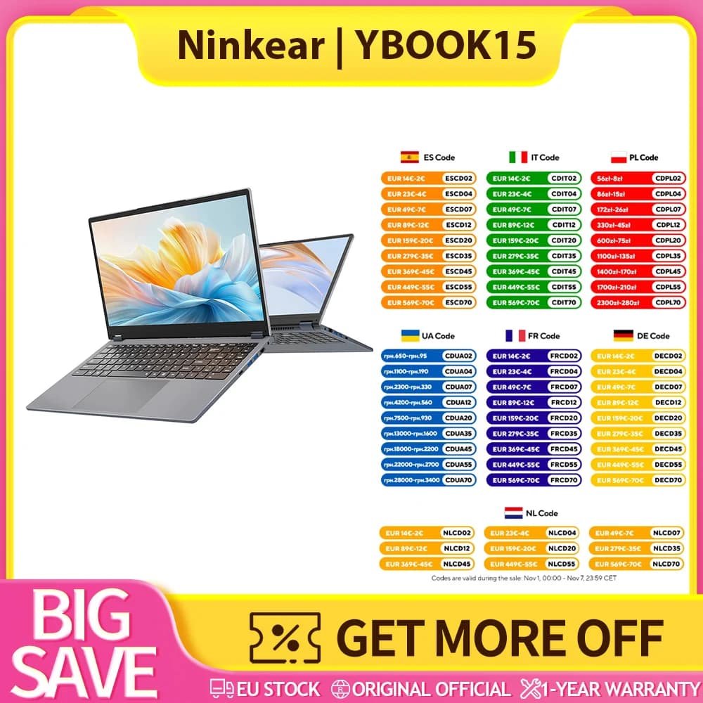 Ninkear YBOOK15 2-in-1 Laptop, 360° Flip 15.6-inch 1920*1080 Touchscreen, AMD Ryzen 3 3200U 2 Cores Max 3.5GHz, 16GB RAM 512GB SSD, 2.4/5GHz WiFi Bluetooth 4.2 , 1*USB3.0, 2*USB2.0, 1*Type-C (Data Only), 1*HDMI, 1*RJ45, 1*Headphone Jack, 38Wh Battery
