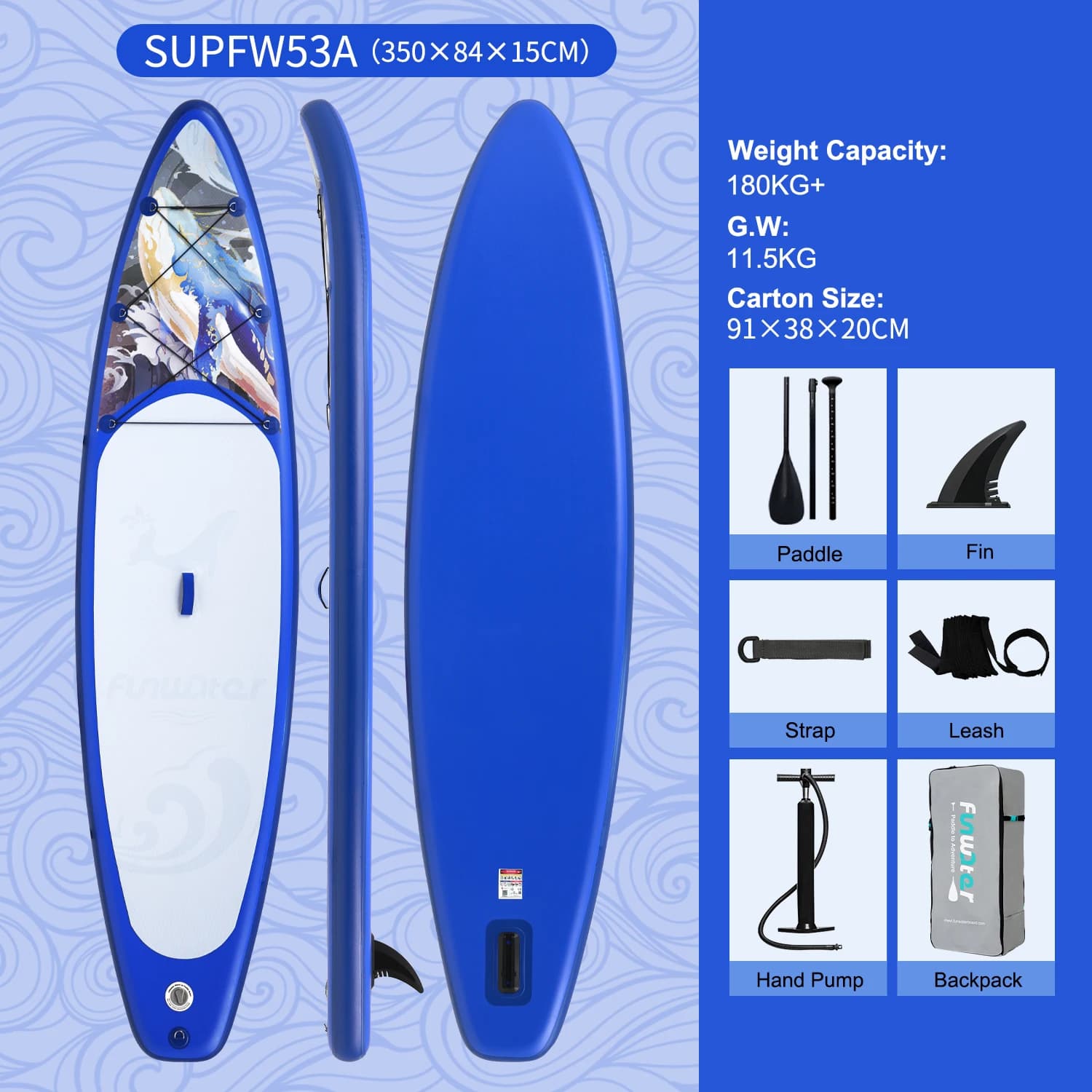 FunWater SUPFR01E 320cm-350cm Inflatable Stand Up Paddle Board Surfboard Complete Paddleboard Accessories Adjustable Paddle, Pump, ISUP Travel Backpack, Leash, Waterproof Bag, Adult Paddle Board
