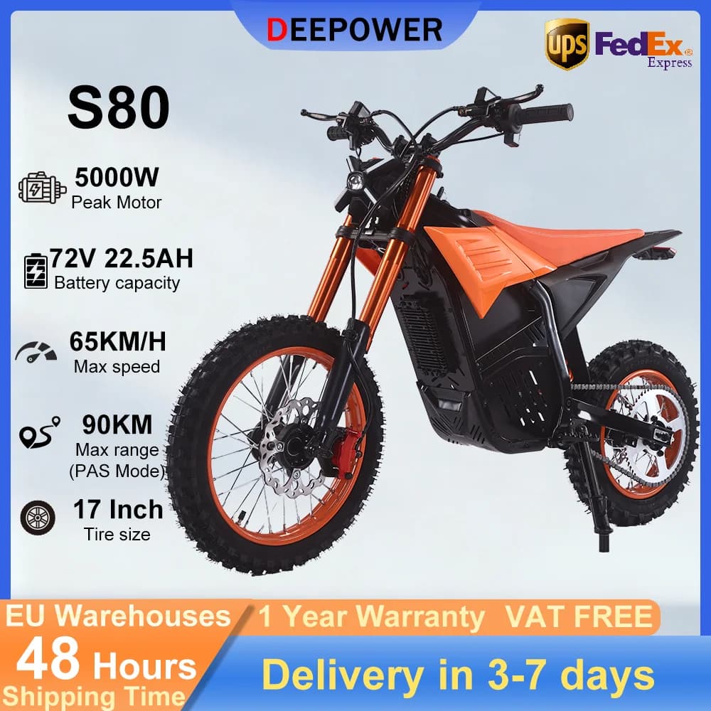 DEEPOWER 5000W Electric Off-Road Dirt Bike 72V 22.5Ah Battery Oil Brakes LCD Display 19 Inch * 17 Inch All-Terrain Tire Adult Electric Motorcycle