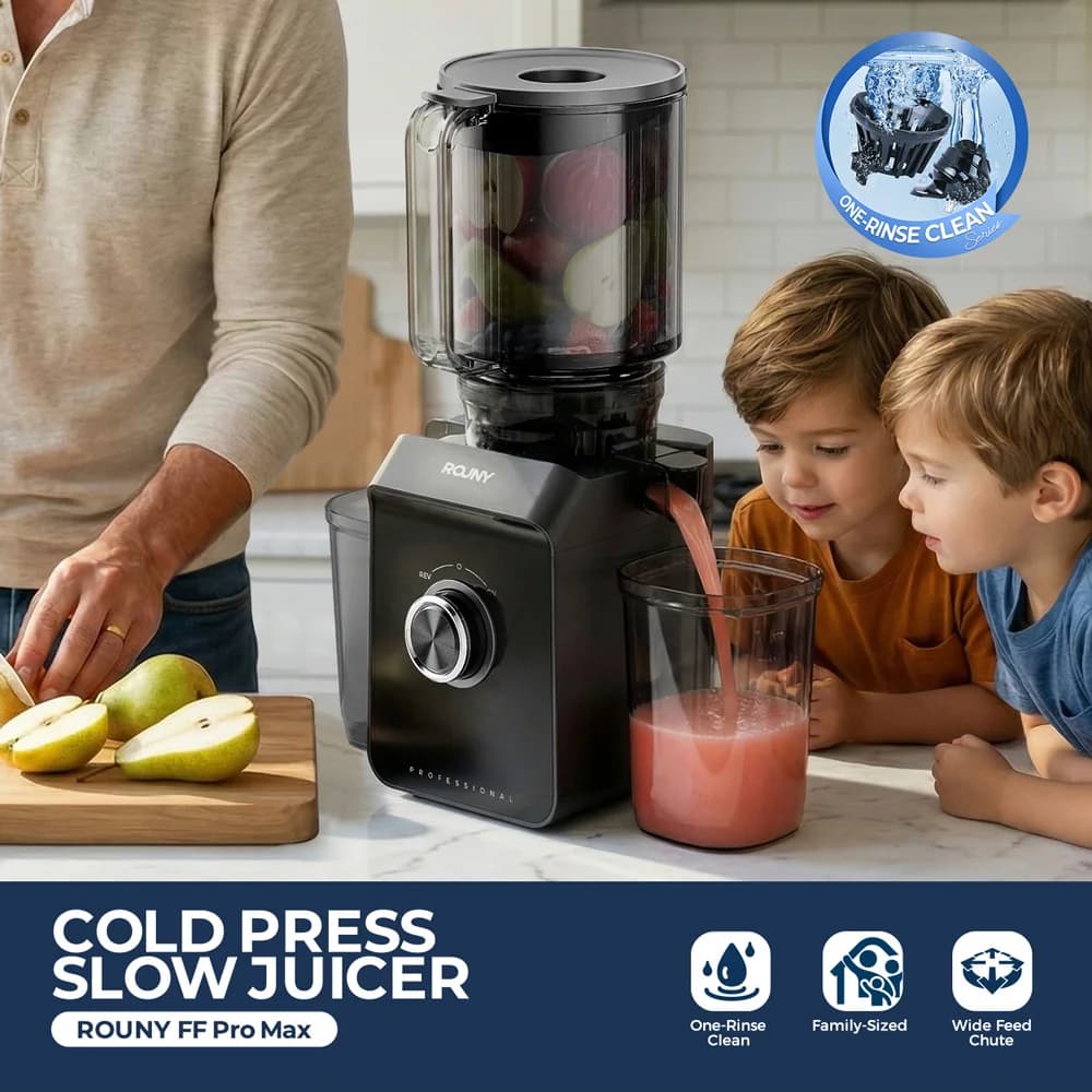 ROUNY Filter-Free Cold Press Juicer, One-Rinse Clean,130 mm Large Feed Chute, Slow Masticating Machine for Fruits & Veggies