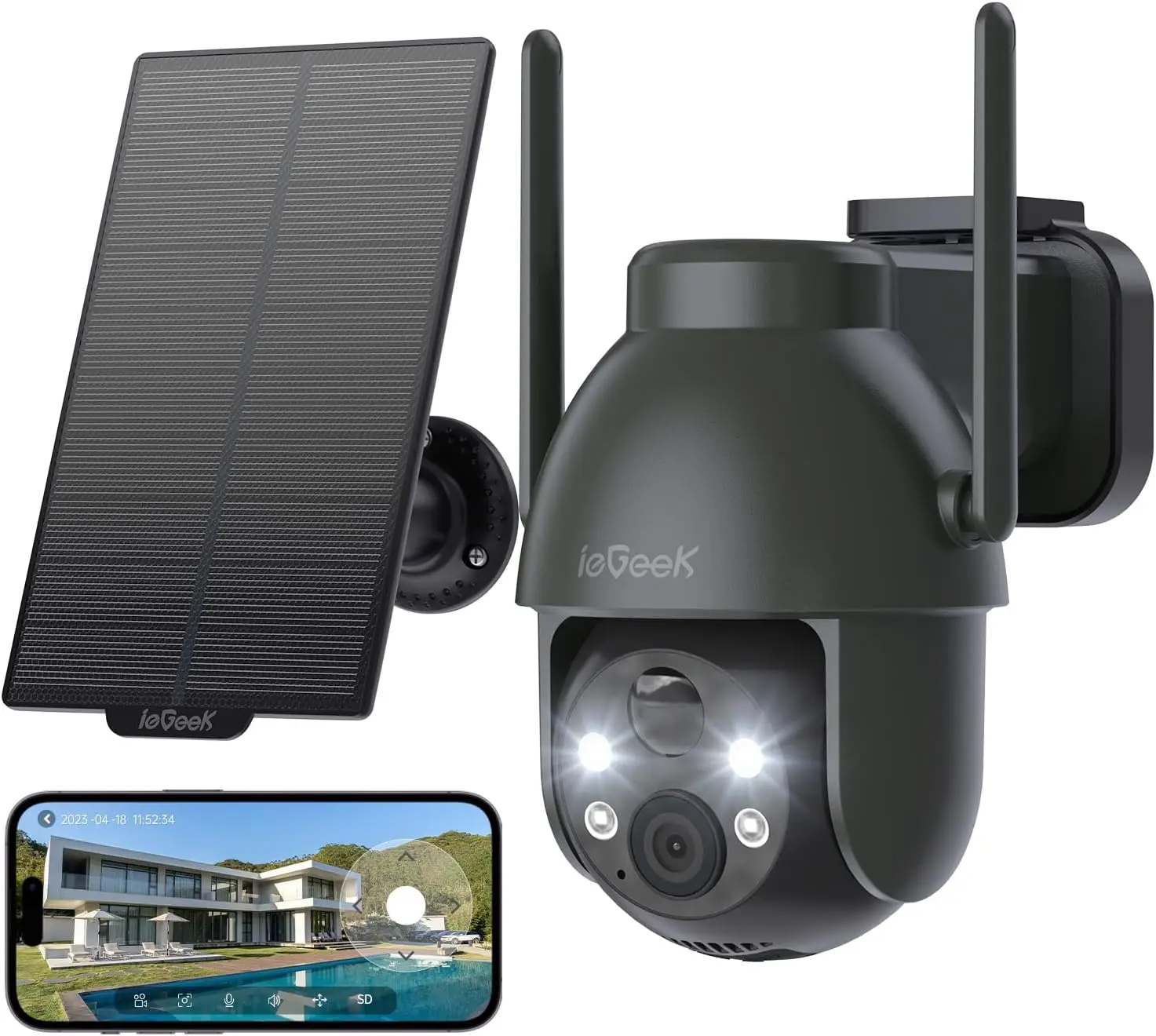 IeGeek 2K Solar Security Camera Outdoor Wireless, 360° WiFi CCTV Camera with Solar Panel, Color Night Vision, PIR Motion Detection, 2-Way Audio, Works with Alexa