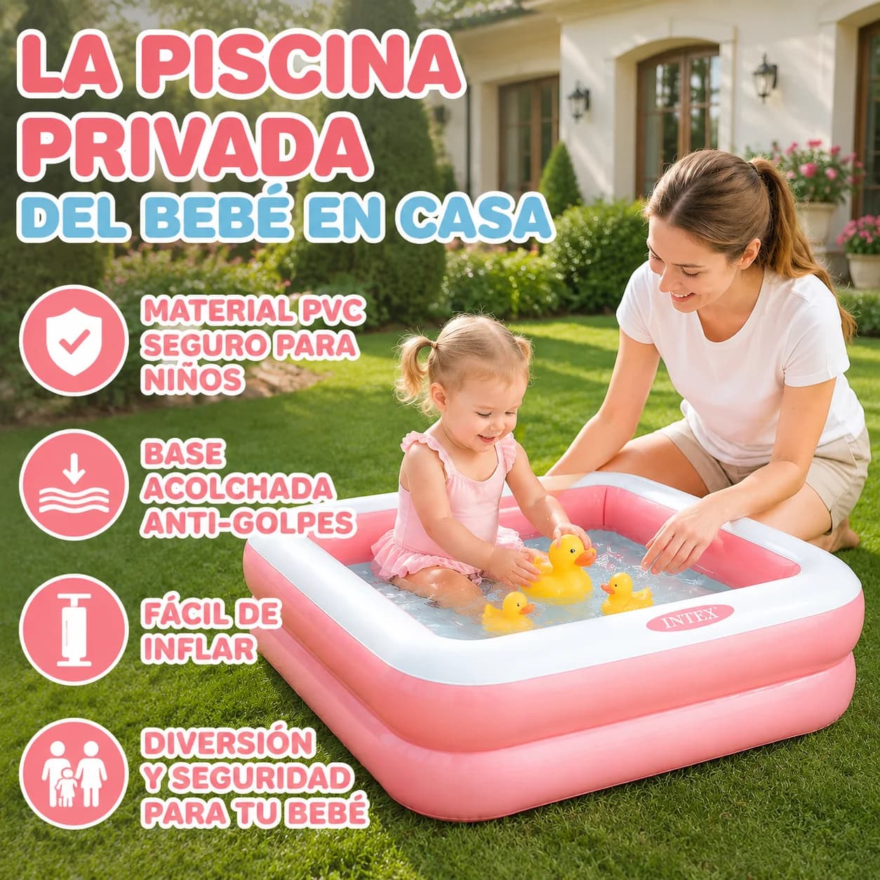 Square Inflatable Pool, Double-Layer Reinforced Walls, Blue and Pink, with Anti-Collision Cushioning Base, Size 86X86X25 Cm, Safe and Durable Pvc, Quick Inflation, Suitable for Indoors, Balconies and Gardens, Summer Water Entertainment