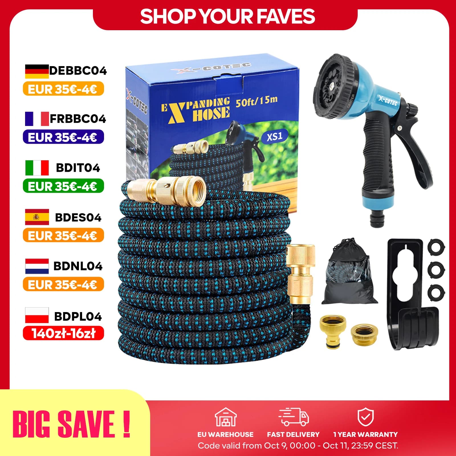 X-COTEC Expandable Garden Hose 15m/30m, Brass Fittings 1/2" 3/4", 10-Function Gun, Flexible Hose for Garden and Car