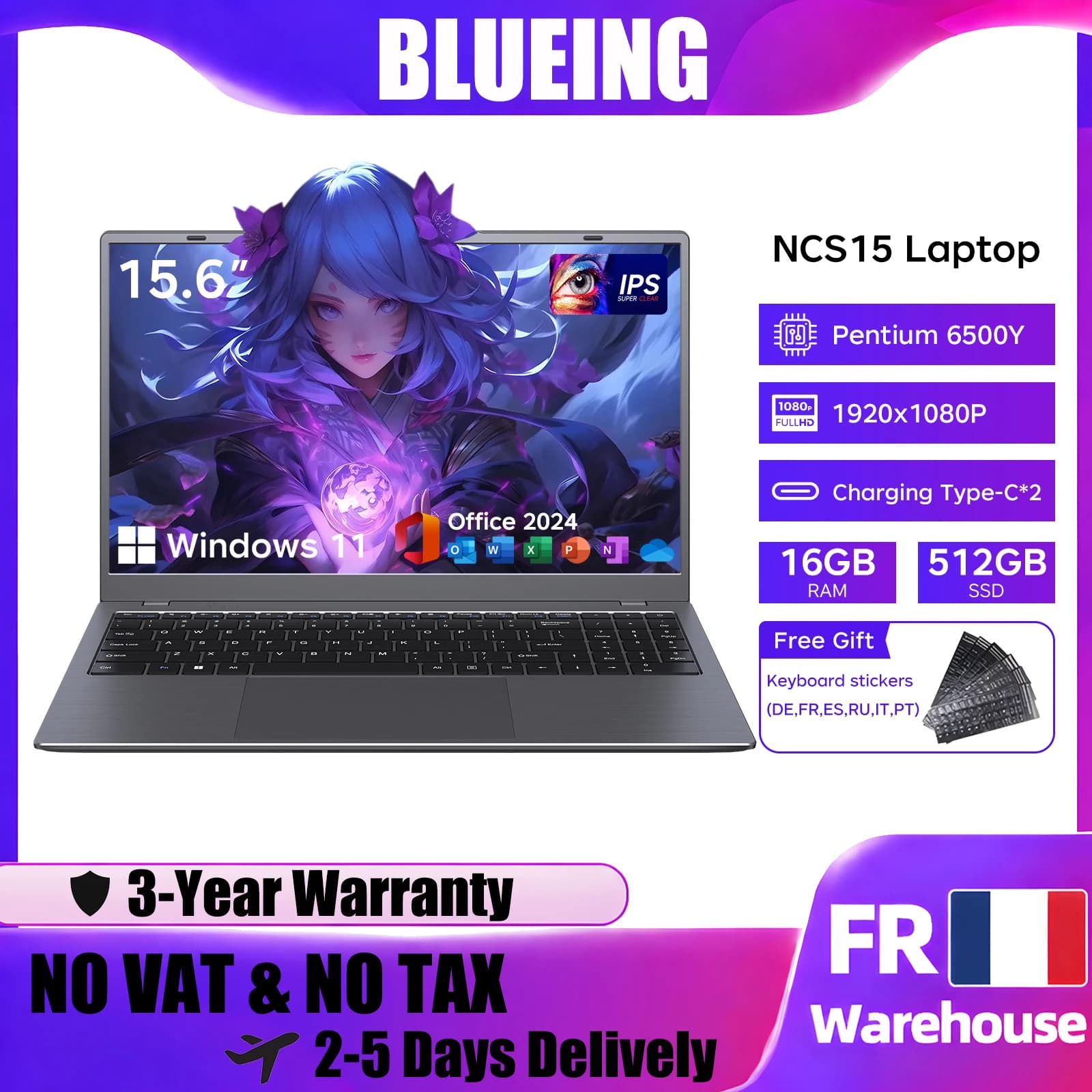 BLUEING Laptop Computer Intel Pentium 6500Y (Up to 3.4GHz) Windows 11Pro Laptop 15.6-in IPS 16GB  512GB NVMe SSD Numeric Keyboard WIFI 5