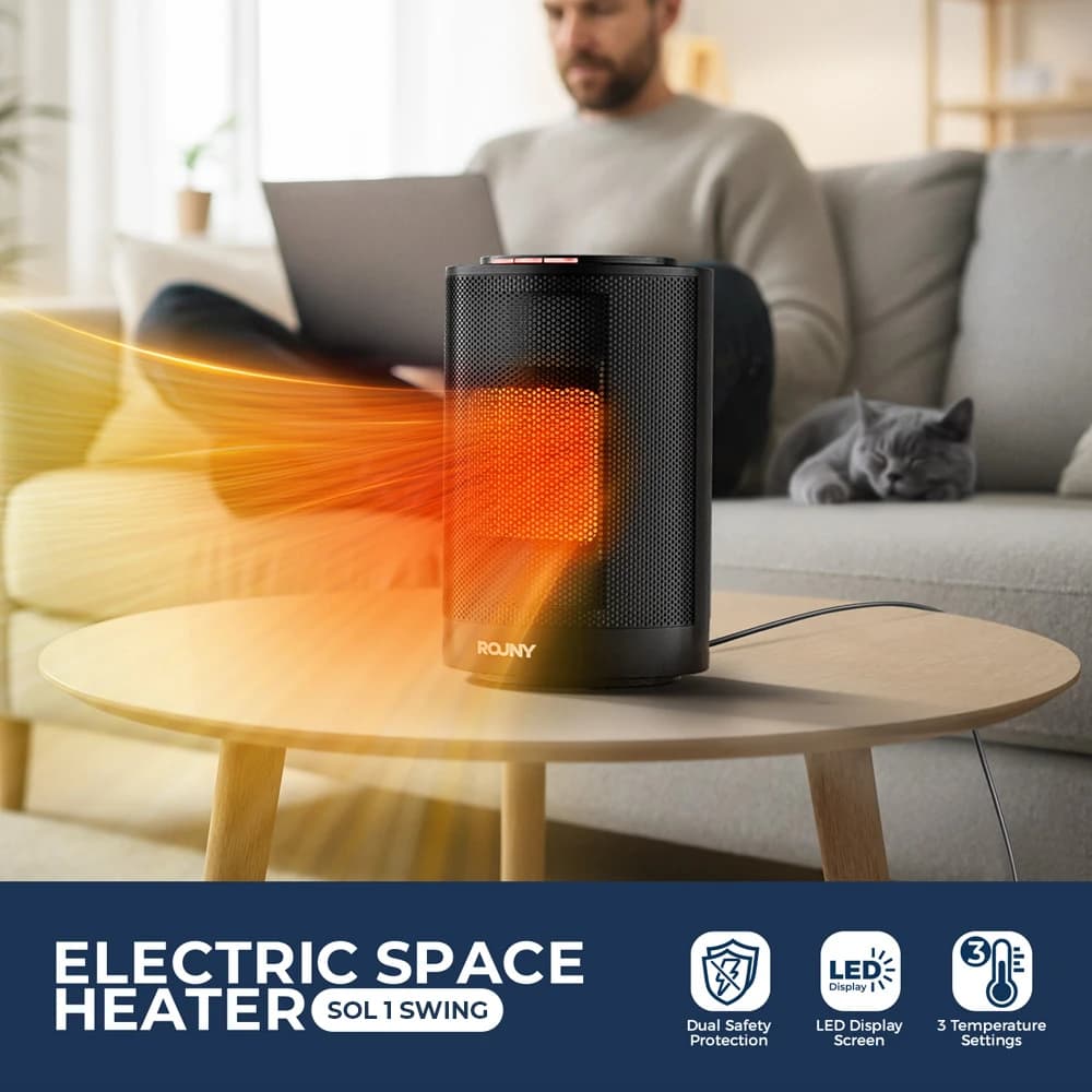 ROUNY Portable PTC Ceramic Space Heater, 1200W Desktop Fan Heater, 1s Fast Quiet Heating for Bedroom Office Indoor Use, Black