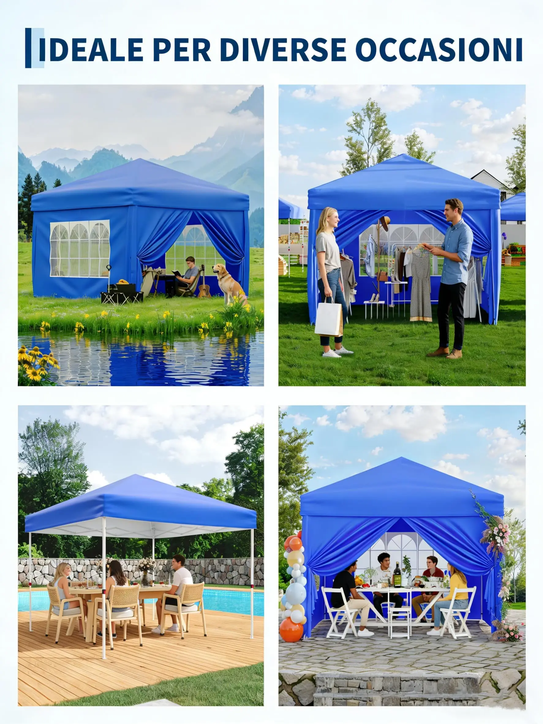 3x3m Pop-Up Pavilion Waterproof and Stable, Foldable Pavilion with Adjustable Height and Removable Side Panels, UV50+ Sun Protection, Garden Pavilion for Garden, Patio, Camping, Market, and Party, Blue