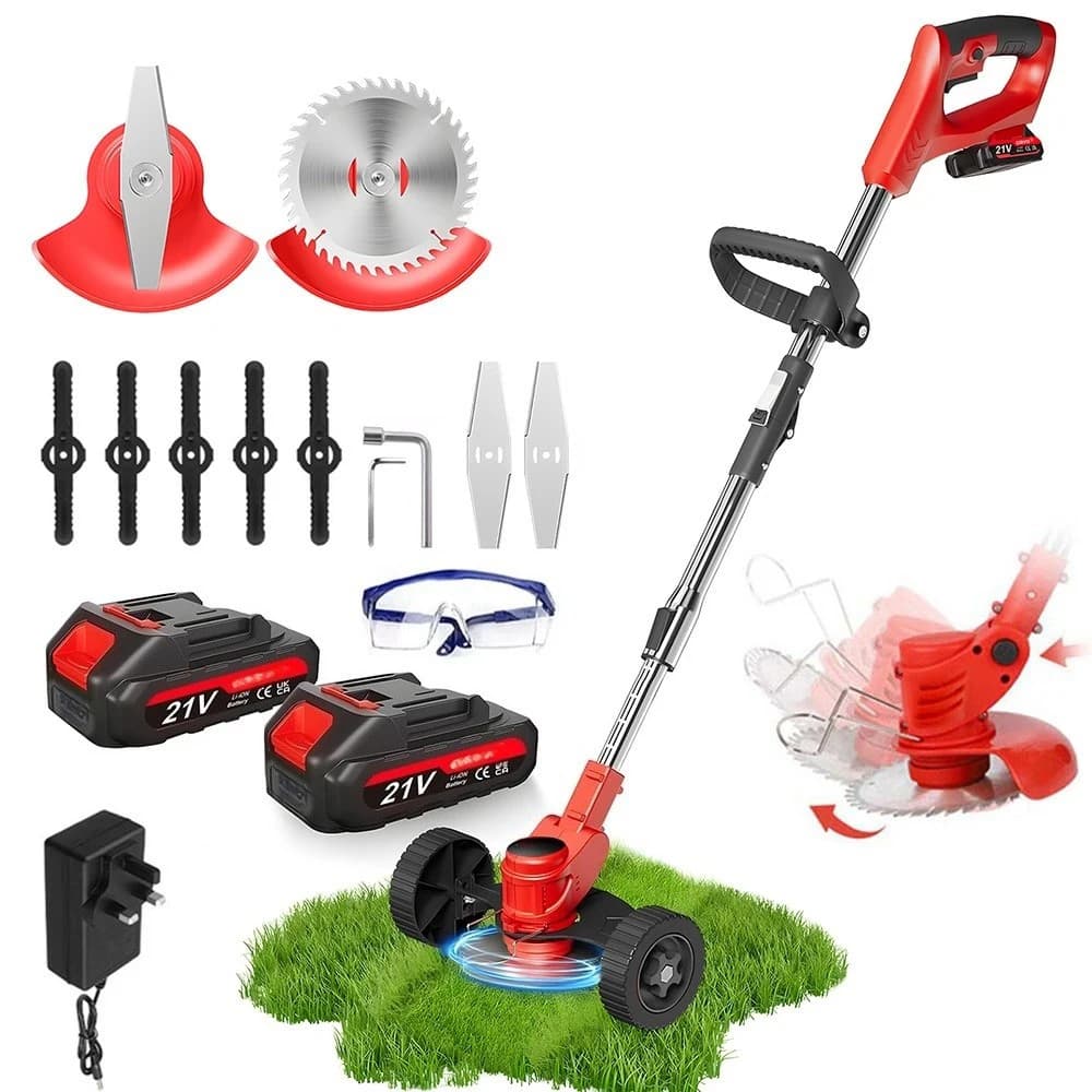 Red Wheeled Electric Lawn Mower, Cordless Hedge Trimmer for Pruning, Garden Edger