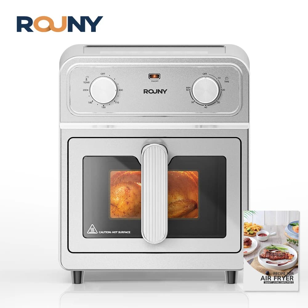 ROUNY 6.87Qt Stainless Steel Air Fryer Oven, 1700W Mechanical Knob Airfryer with Visible Window, Top & Bottom Heating, 80℃-200℃ Temperature Control for Family Cooking