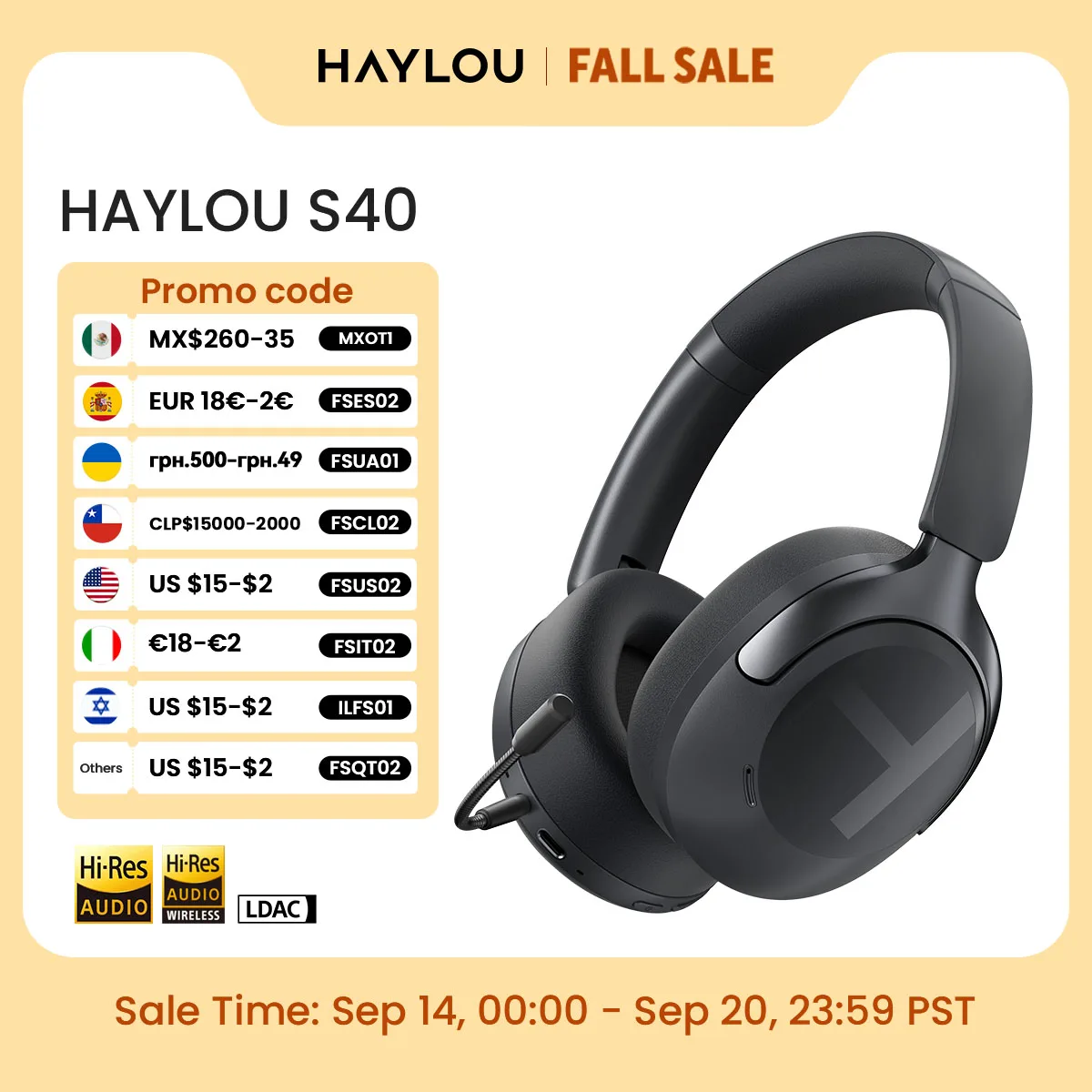 HAYLOU S40 ANC Wireless Headphones Bluetooth 6.0 Hi-Res Audio Over Ear Headset 50dB Hybrid Active Noise Cancellation Earphones