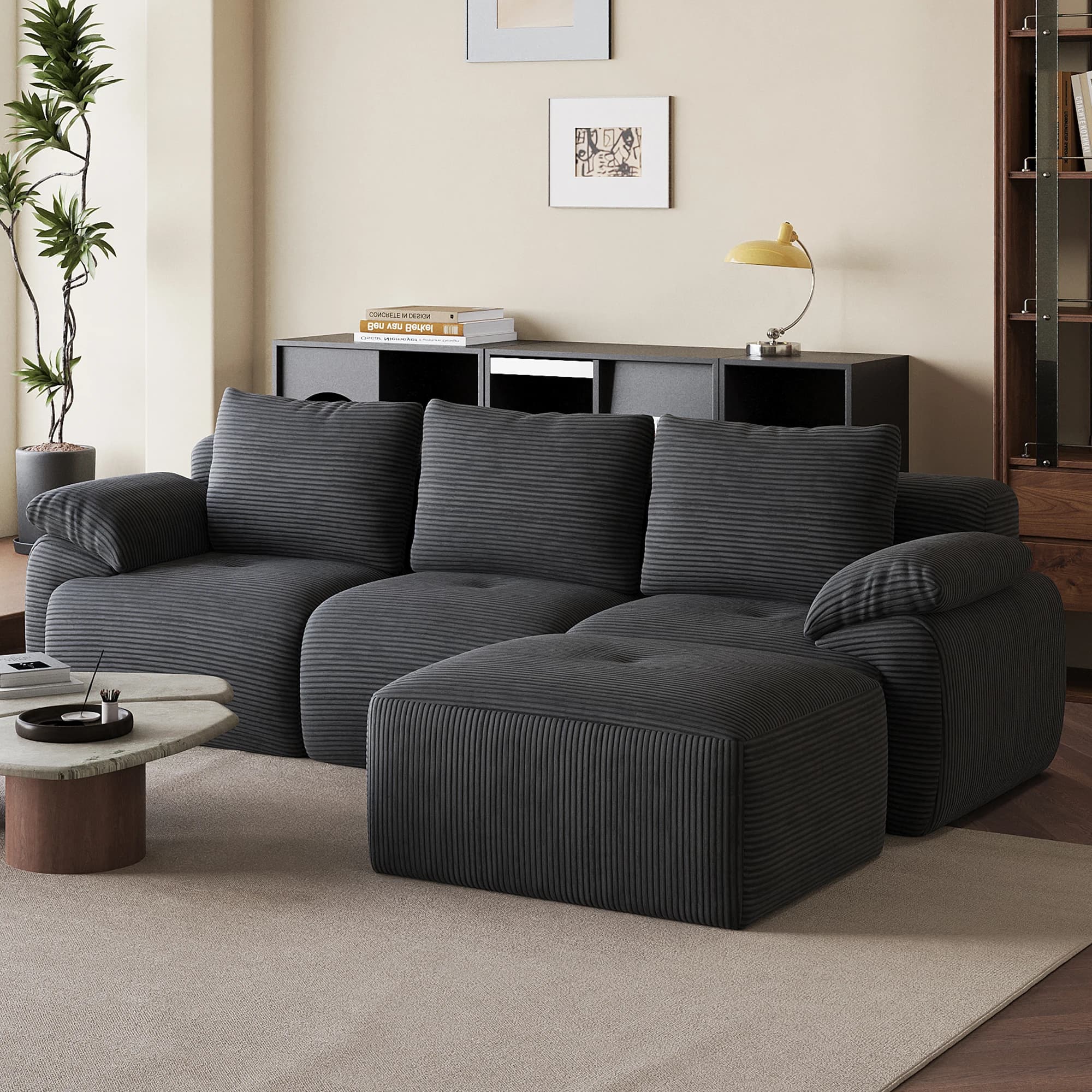 Anajqaqia Modular Corner Sofa, L-Shaped Sectional Sofa with Chaise Lounge, Sleeper Function, No Assembly Living Room Sofa, Corduroy, Grey