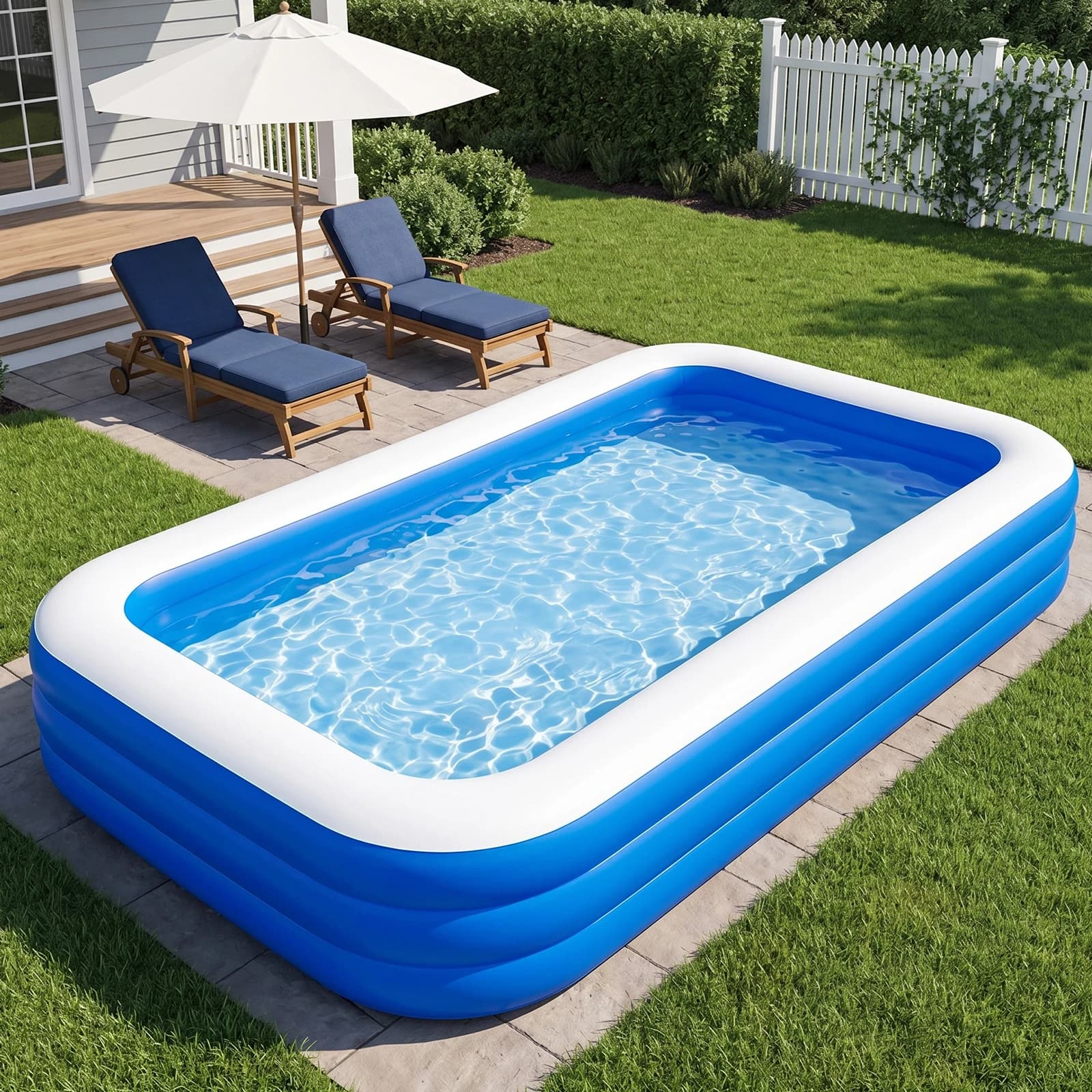 Quick Inflatable Family Pool 210/262/300cm Options, Sturdy Rectangular Swimming Pool with 3 Individual Air Chambers, Outdoor Summer Fun Kiddie Pool & Indoor Ball Pit