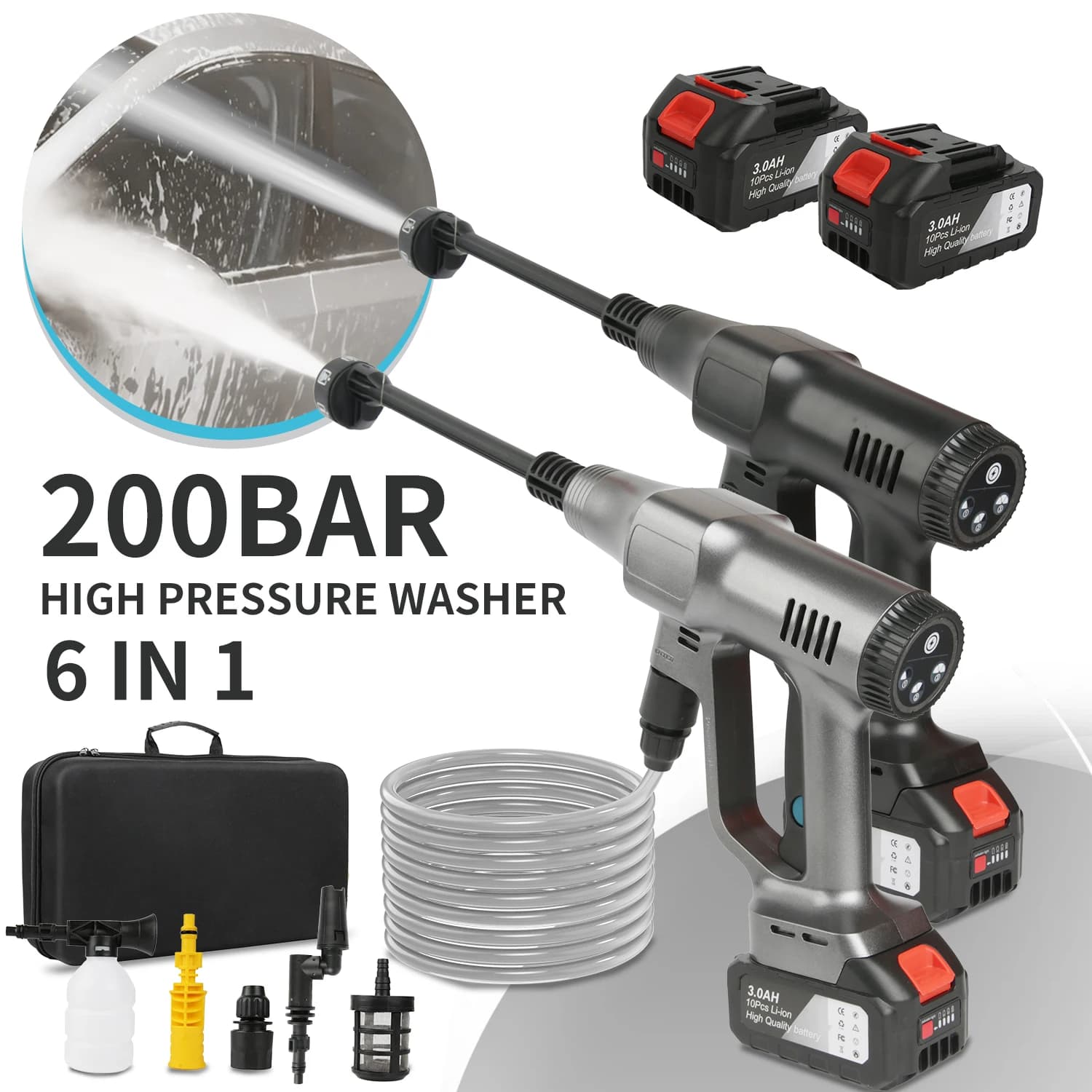 Brushless Cordless High Pressure Washer 35Bar 3000mAh Battery Powered 6-in-1 Nozzle 5M Hose Portable Water Gun with Overheat Protection for Car Home Outdoor Cleaning