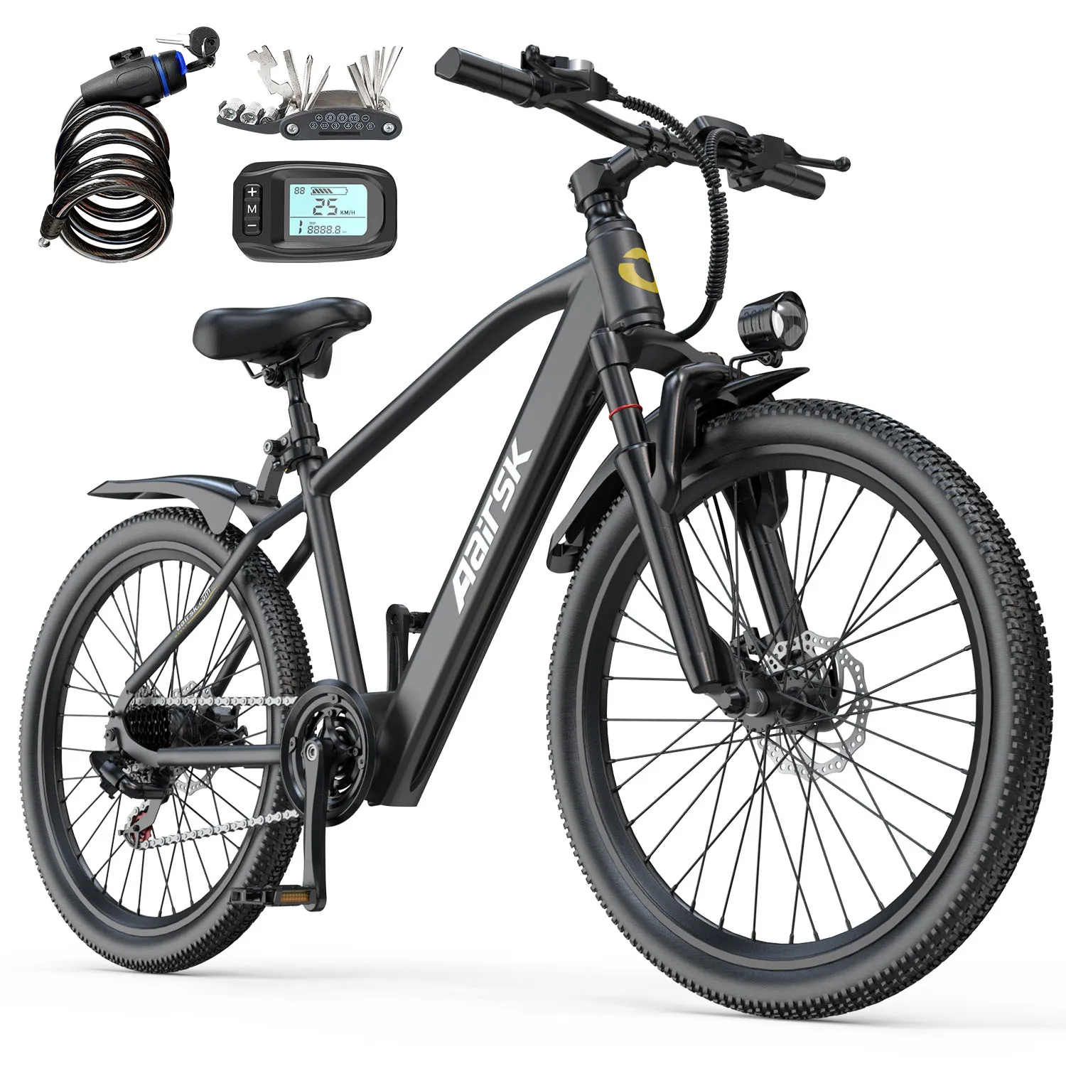 26' Electric Bike for Adults, 250W Brushless Motor, 36V 10Ah Battery, Up to 40 Miles Range, 25km/h 7-Speed E Bike, Front Suspension NFC