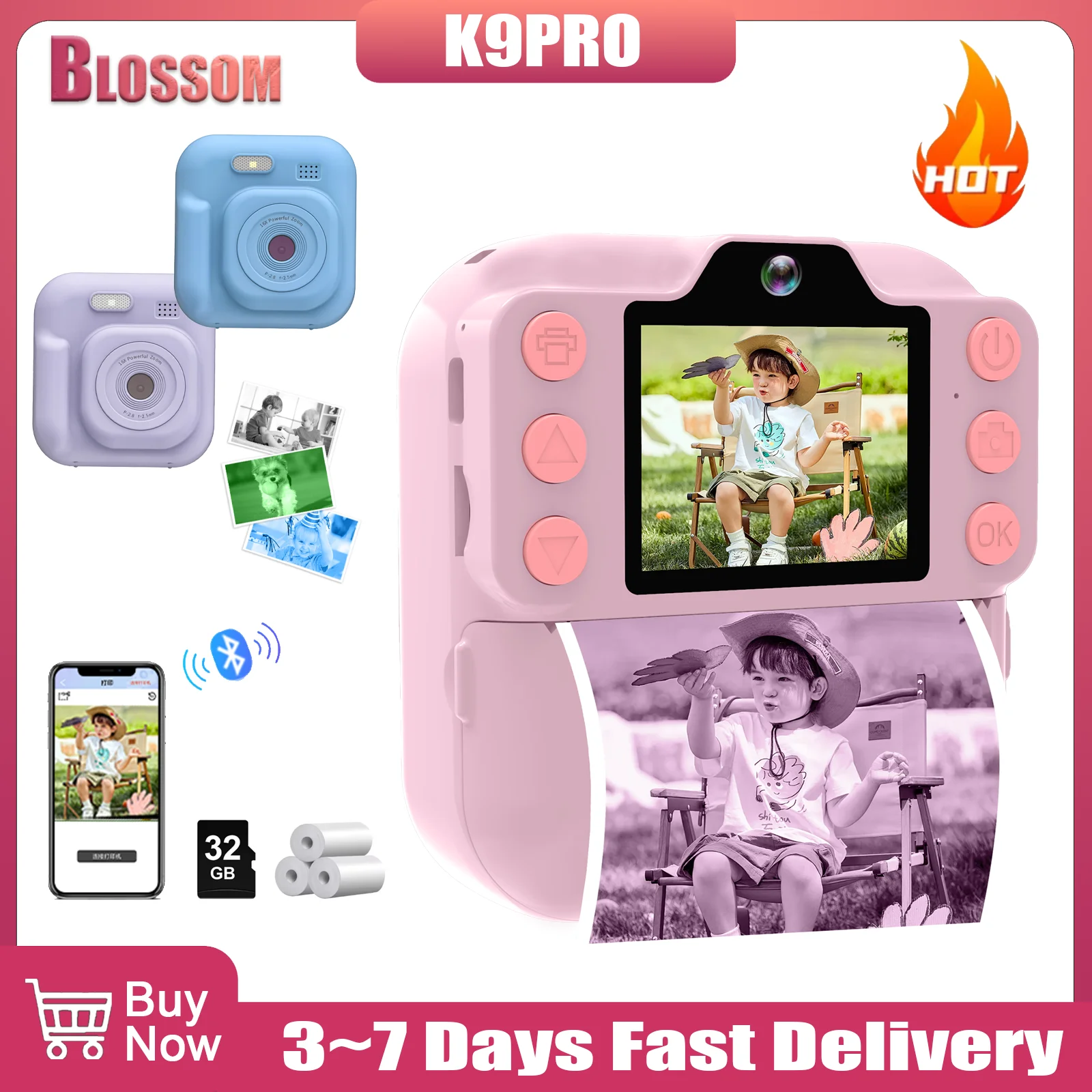 Blossom K9 Instant Print Camera 48MP 1080P Dual Lens Bluetooth Games Music Gift 1300mAh 256GB Eye-Protective Screen Gift for 6-12 Year Old