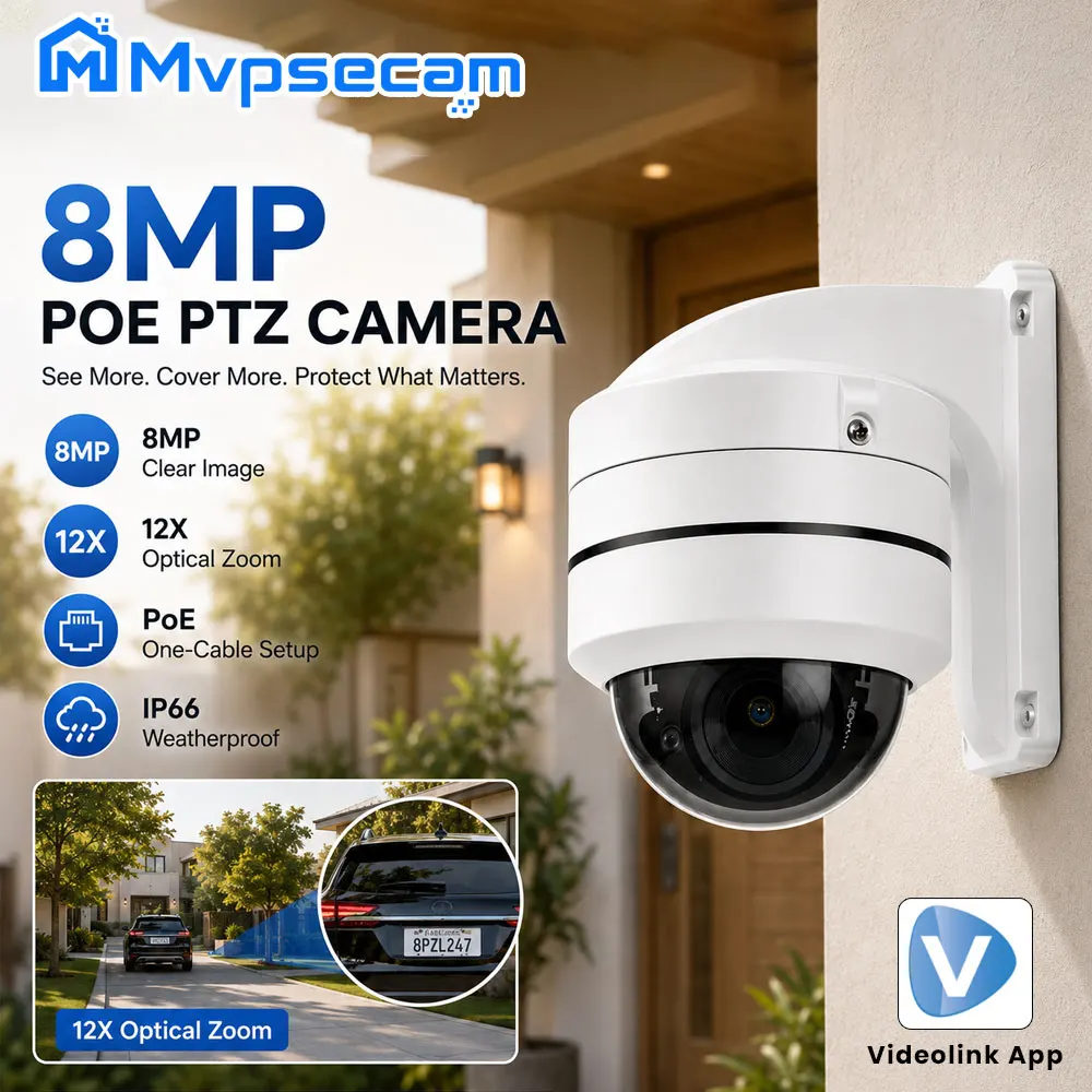 Mvpscam 8MP 4K POE PTZ Dome IP Camera 12X Optical Zoom ° Pan Control Metal equipment IP66 protective Ideal For Human Detection Audio Long-Range Monitoring almost POE Setup Videolink App Supported