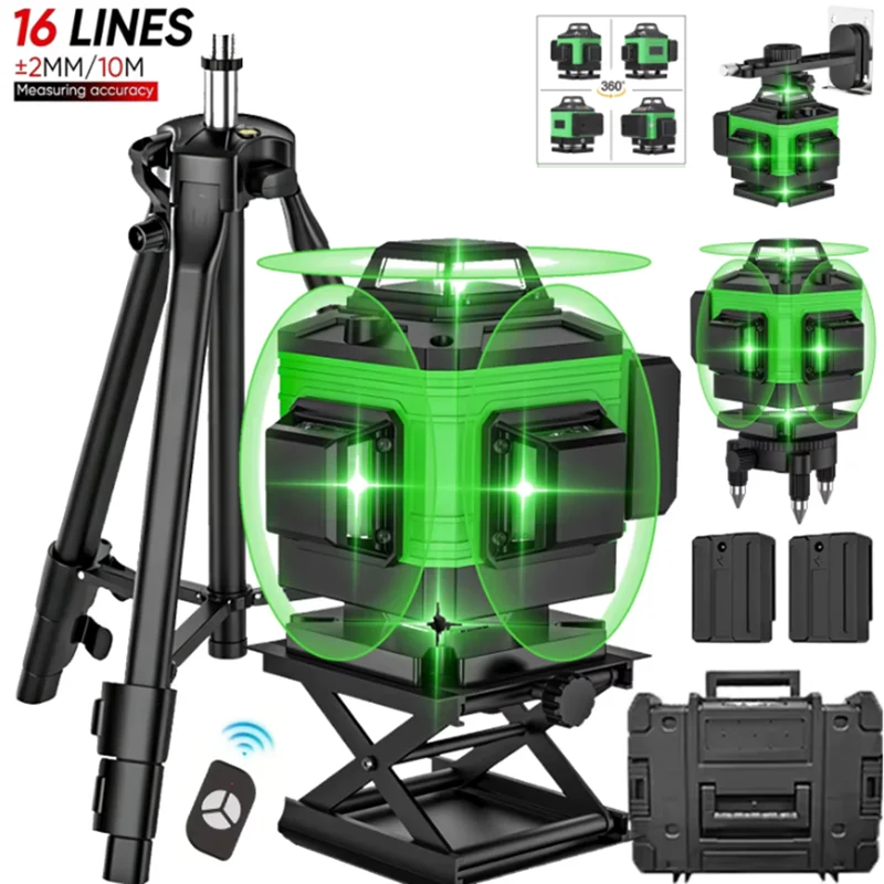 16 Lines 4D Laser Level Green Line With Tripod Stand Self-leveling 360° Horizontal & Vertical Power Laser Level Professional Construction Tools With 2pcs Battery