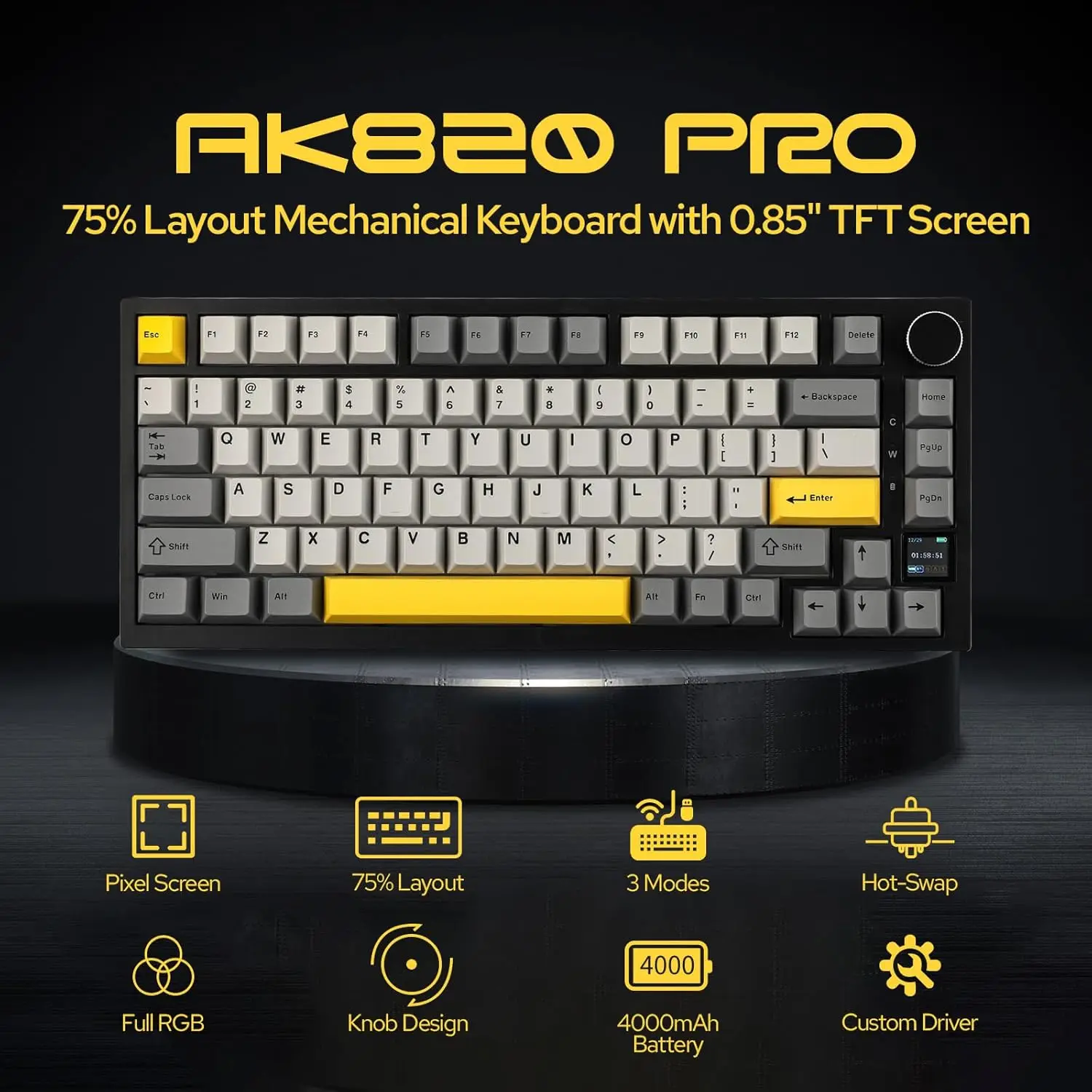 AJAZZ AK820 PRO With Screen Wireless Mechanical Gaming Keyboard Hot Swappable RGB Gaming Keyboard with Gasket Design 2.4G/Bluetooth/USB-C