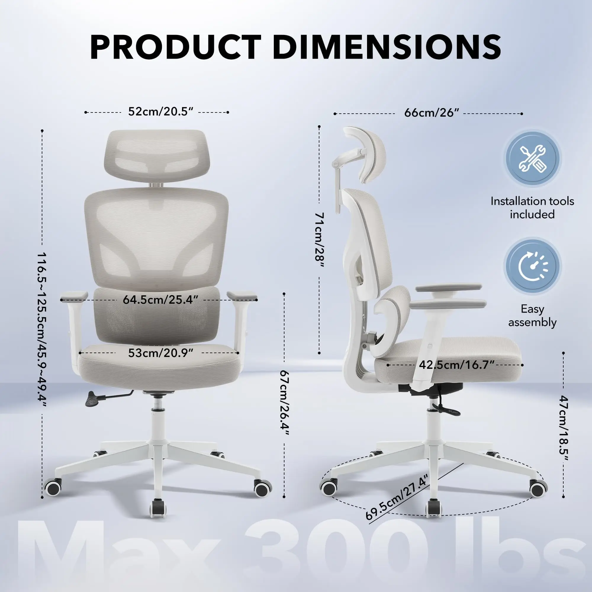 Ergonomic High-Back Office Chair - Breathable Mesh, Adjustable Lumbar Support, 3D Armrests & Headrest, Swivel Desk Chair - up to 300 Lbs, Home Office & Gaming