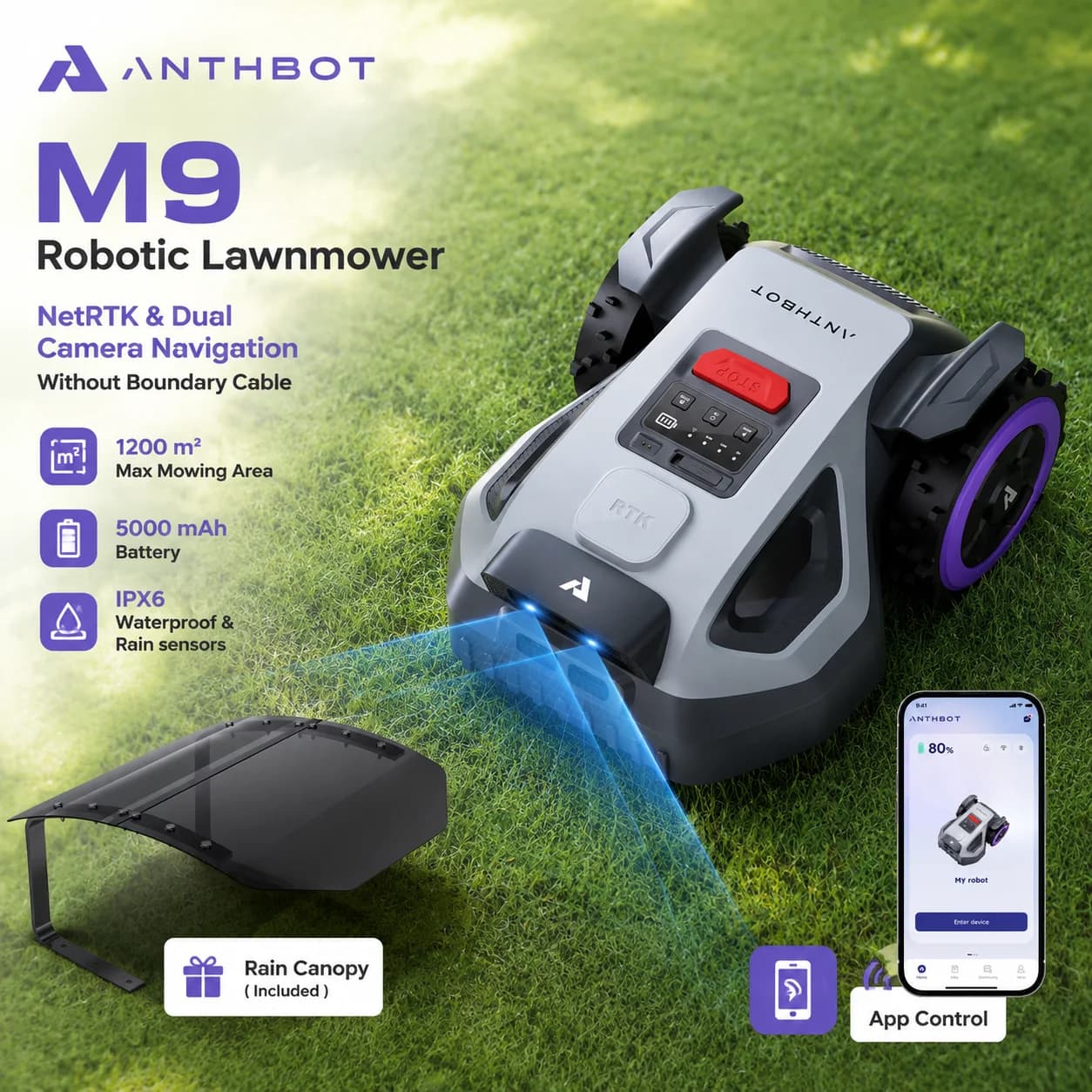 ANTHBOT M9 Robotic Lawn Mower, RTK Navigation + Dual Vision, 4G, 5000 mAh, 150 m²/h, 24° (45%) Slope, Multi-Zone Management, App Control, for Gardens up to 1200 m², Wire-Free Smart Lawn Robot