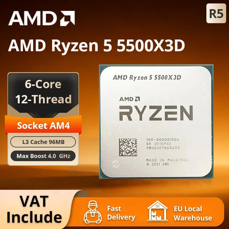AMD Ryzen 5 5500X3D Desktop Processor 6C/12T, 4.0GHz, 96MB 3D V-Cache, AM4, No Cooler Included