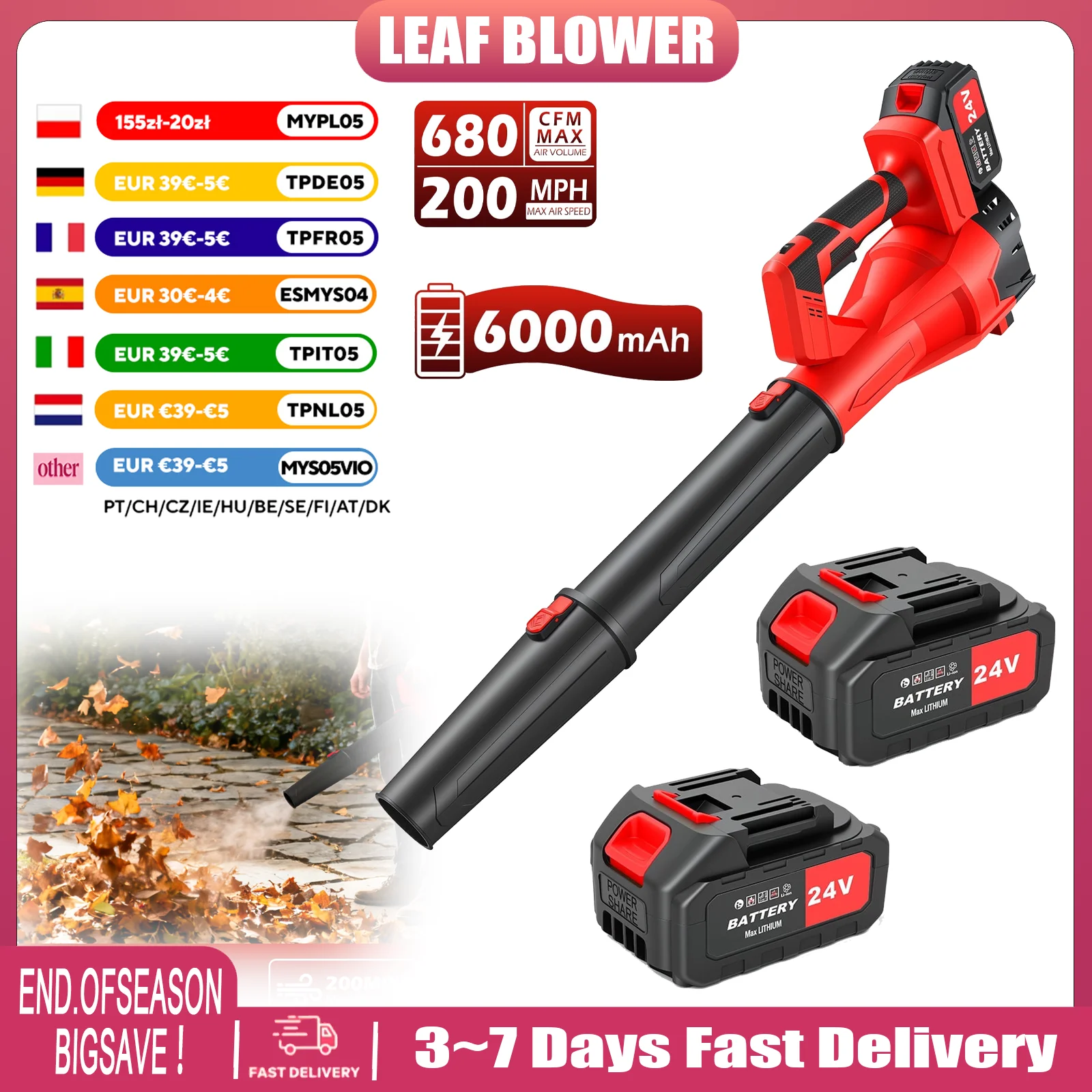 Blossom LEAF BLOWER 21V Cordless Leaf Blower 6 Speed Adjustable 2000mAh Battery Lightweight 3.26lbs Electric Blower for Yard Leaf Snow Dust Cleaning