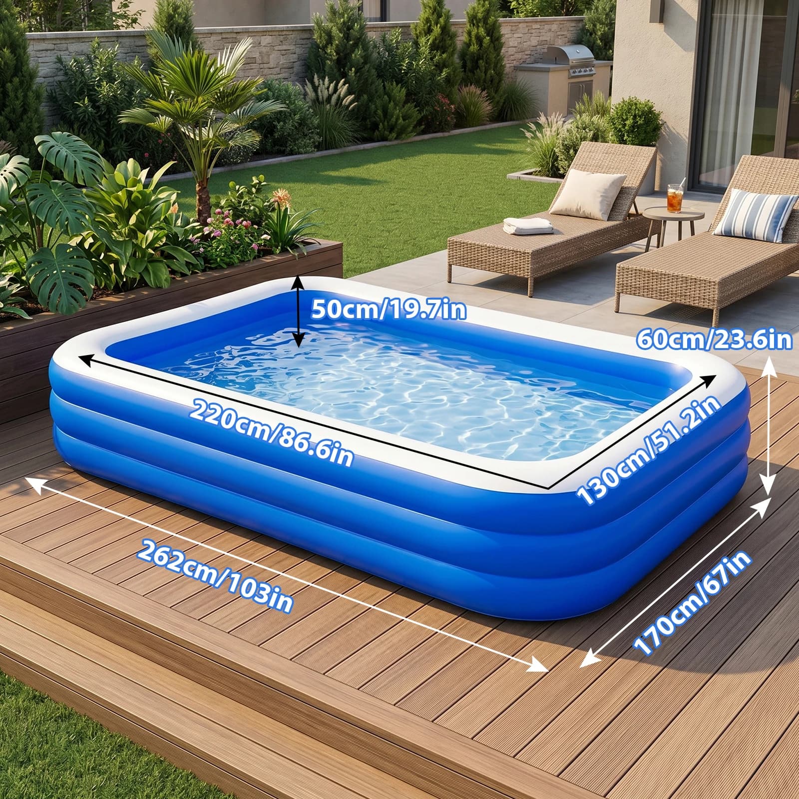 Quick Inflatable Family Pool 210/262/300cm Options, Sturdy Rectangular Swimming Pool with 3 Individual Air Chambers, Outdoor Summer Fun Kiddie Pool & Indoor Ball Pit