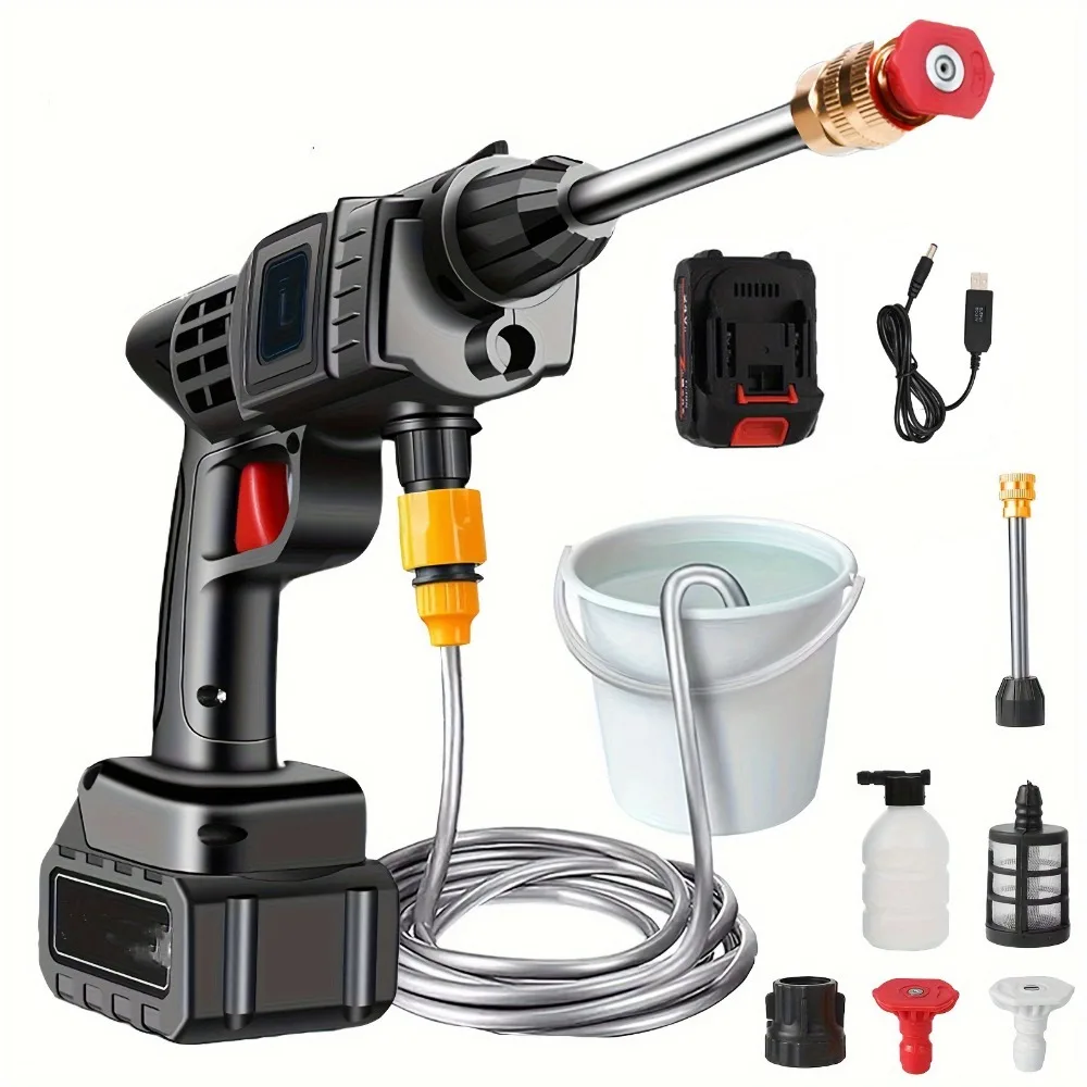 20V Cordless High Pressure Car Washer Gun, Portable and Powerful, with Battery, 5m Hose, Foam Tank and Multiple Nozzles. Portable Cleaner for Cars, Patios, Windows, and Gardens.