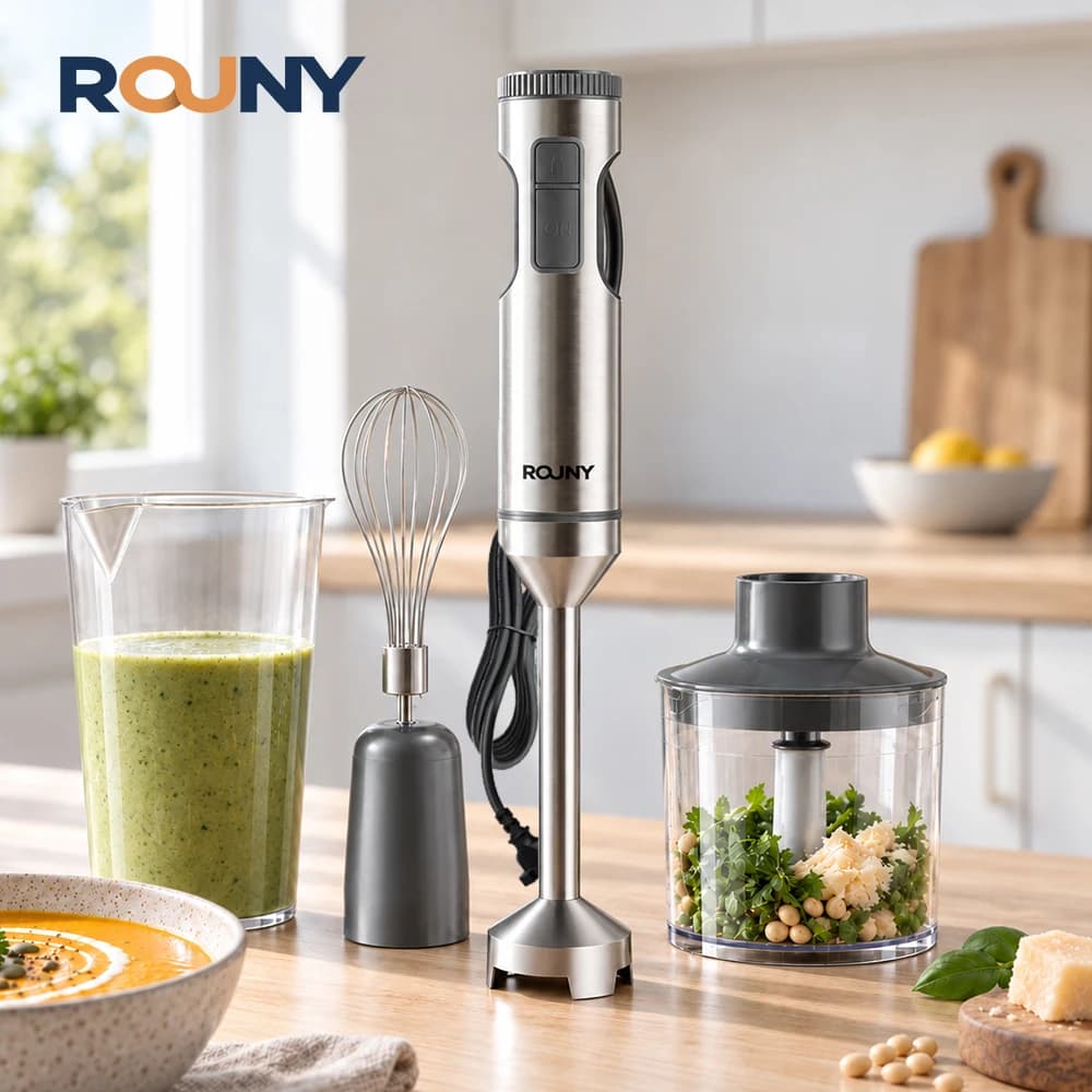 ROUNY 1200W Hand Blender, 4-in-1 Immersion Blender with Stepless Speed Control, 500ml Chopper, Whisk & Measuring Cup, 304 Stainless Steel Stick for Soup, Smoothies & Baby Food