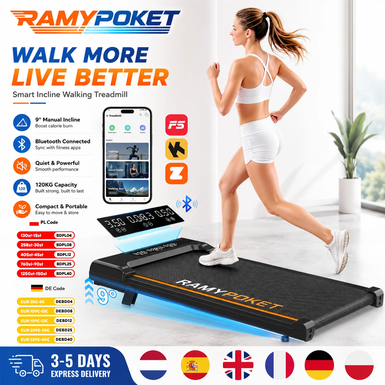 RAMYPOKET Foldable Walking Pad with 9% Incline Silent Motor Smart APP Three Window Display 1–8KM/H Speed 120KG Capacity Treadmill for Home Office