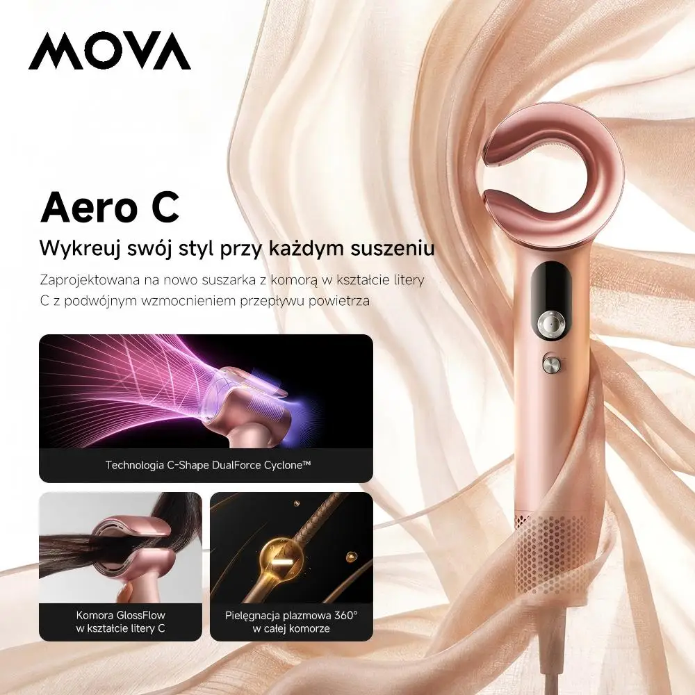 Mova Aero C the Reimagined C-Chamber Hair Dryer with Dual-Air Boost C-Shape Dualforce Cyclone Gentle-Wide Airflow 360 °   Full-Channel Plasma Care 3-Nozzle Multi-Styling Auto Standby on Flat Placement