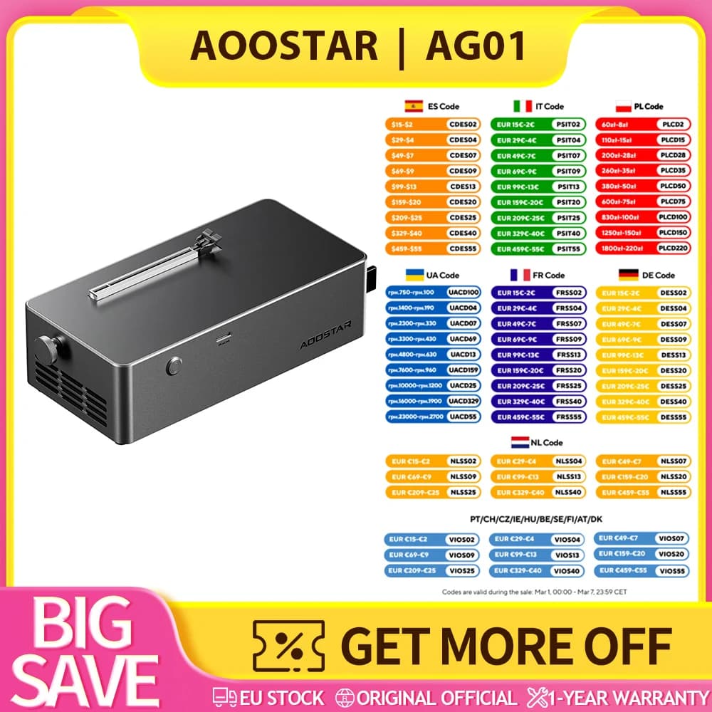 AOOSTAR AG01 eGPU Dock with Oculink Port, Built-in 800W Power Supply, Supports TGX Interface Hot-swap