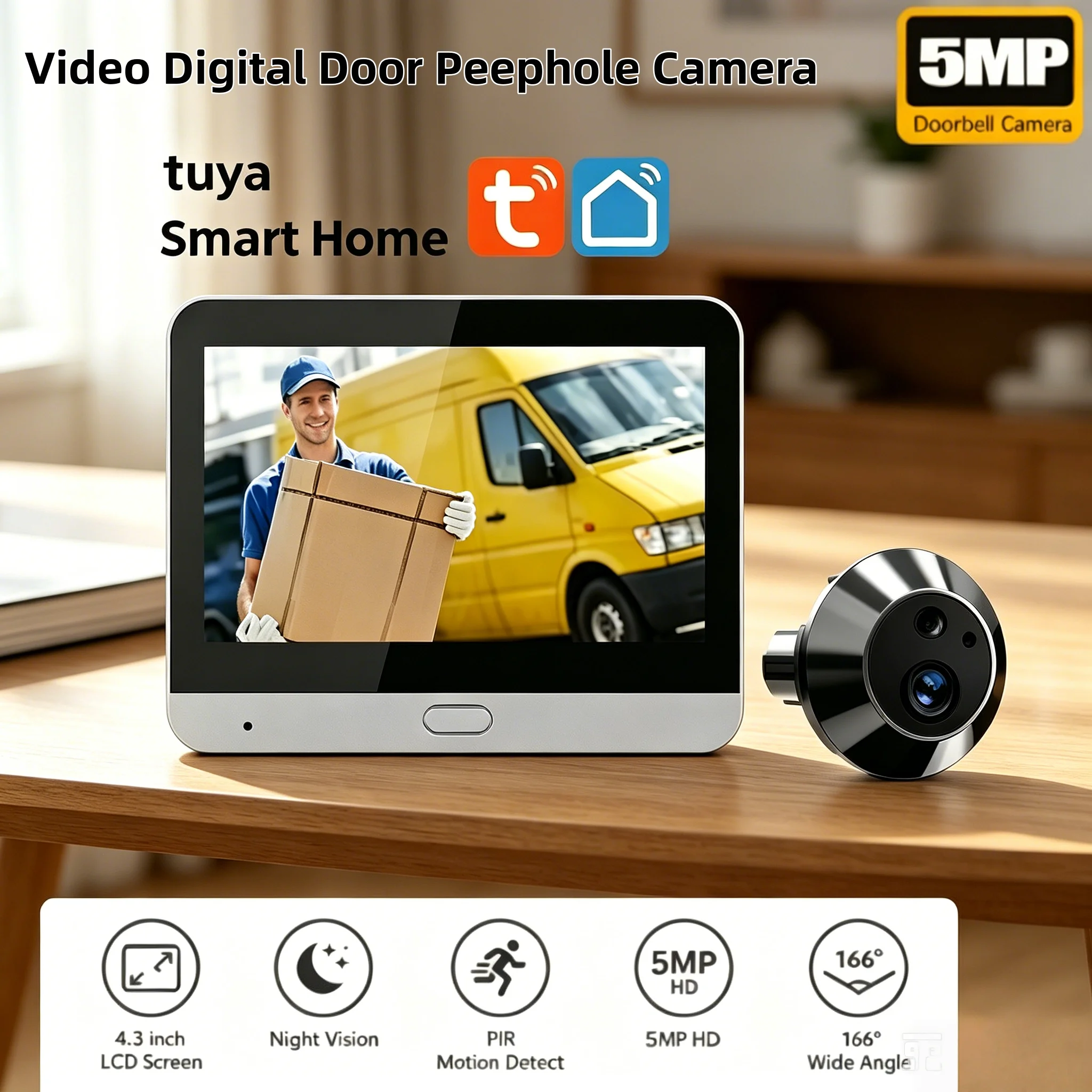 Tuya Smart 5MP WiFi Peephole Video Door Camera Security one-way Audio Night Vision 4.3' HD Video Door Camera