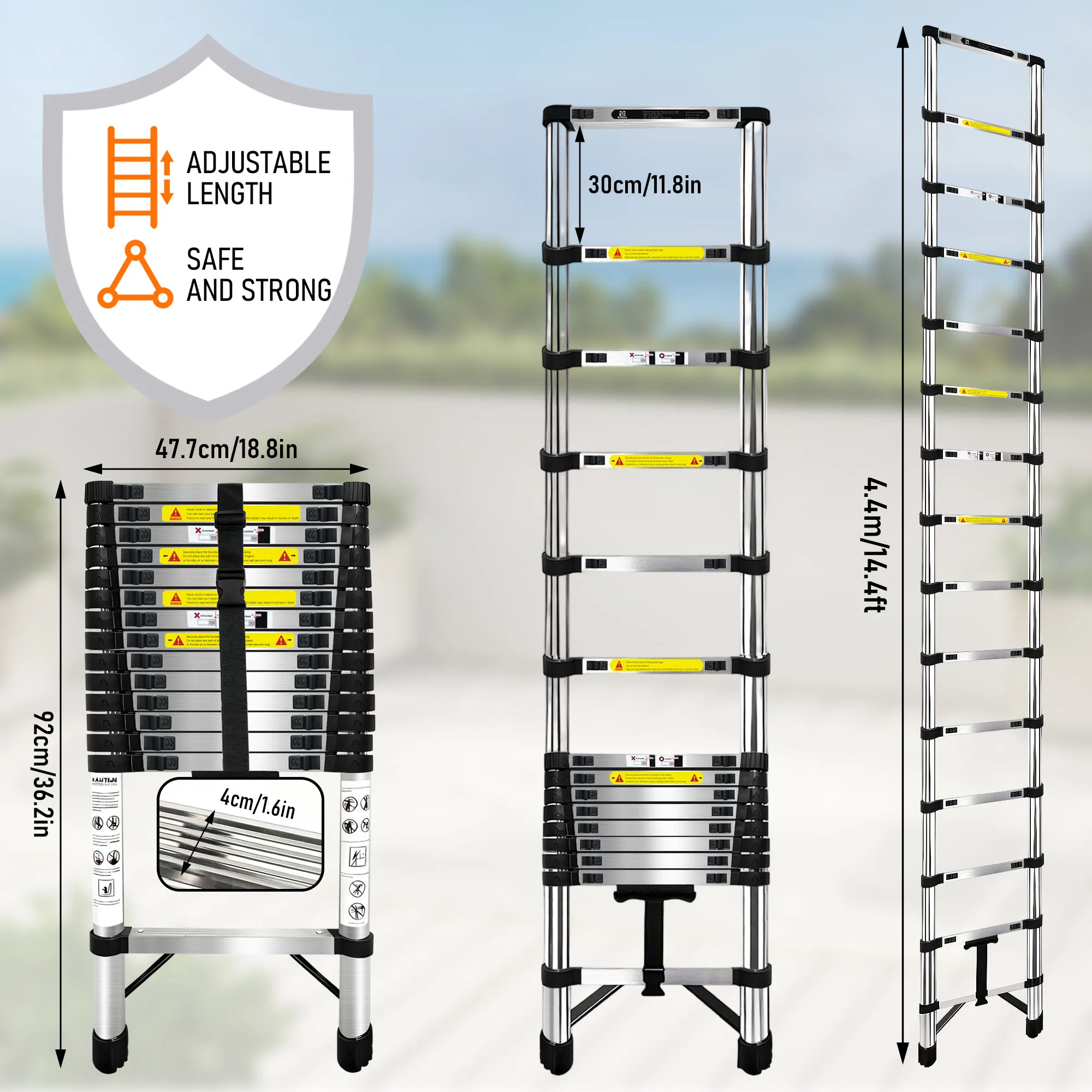 Stainless Steel Telescopic Ladder 3.2M / 6.3M, One-Button Retractable, Stabilizer Bar, EN131 Certified, 150kg Max Load, Anti-Slip Portable Multi-Purpose Indoor & Outdoor Ladder