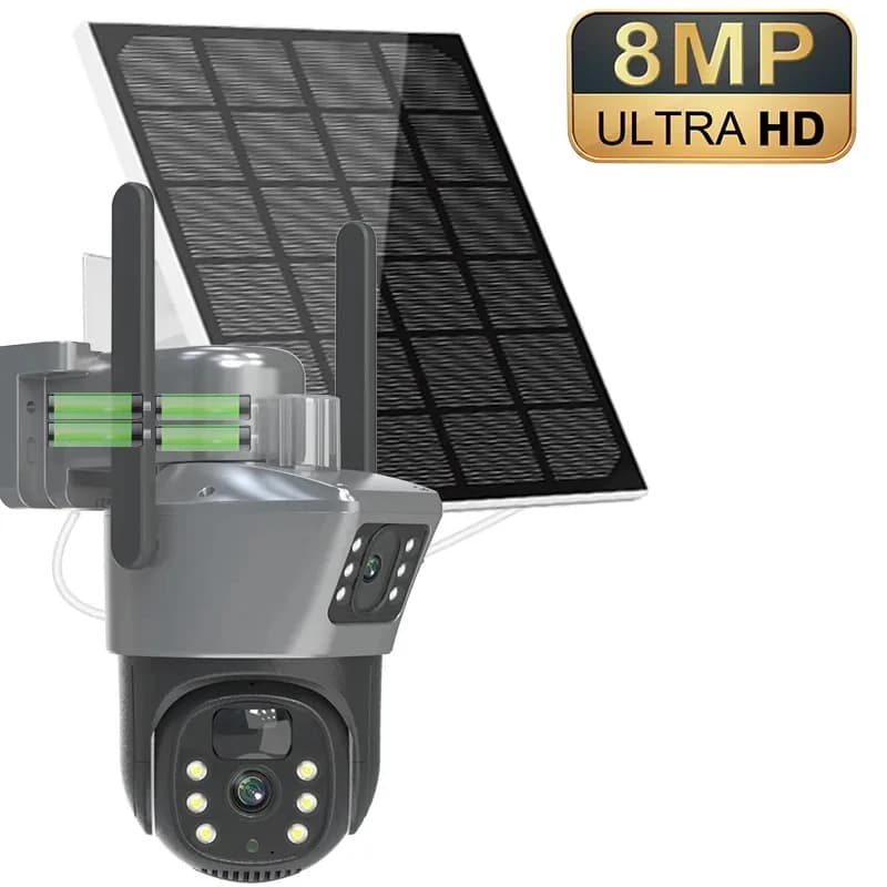 4K 8MP WiFi Solar Camera Dual Lens Dual Screen Outdoor Wireless PTZ Cam Security Protection Auto Tracking Surveillance IP Camera