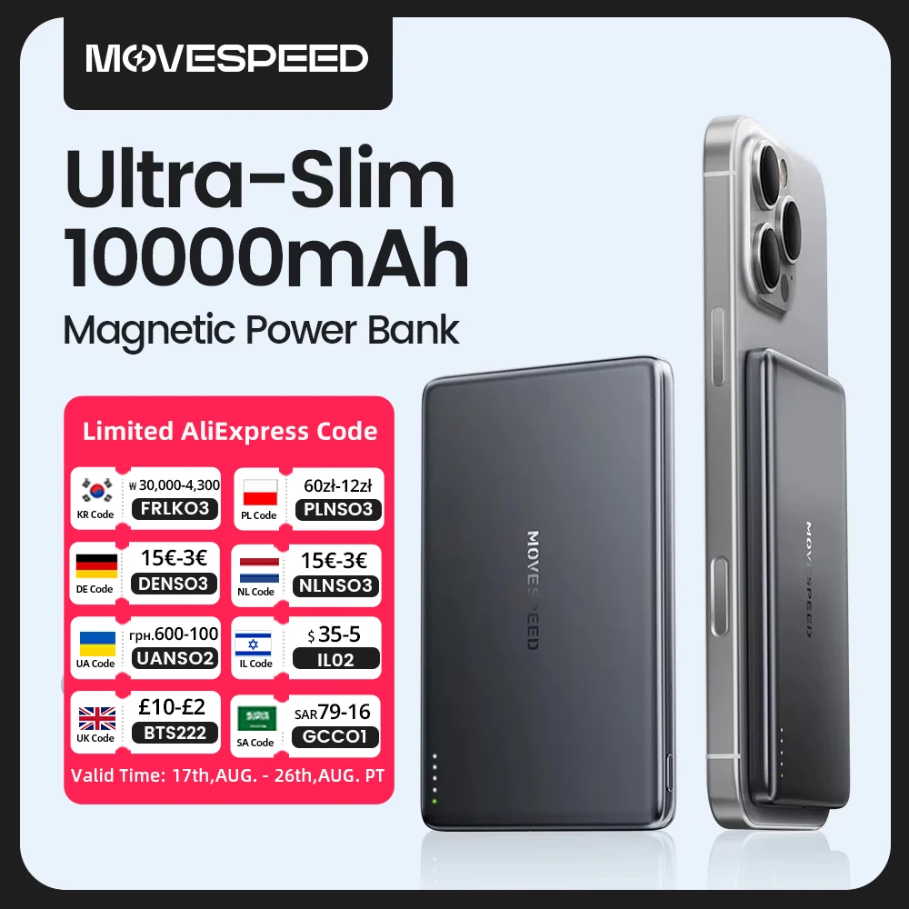 MOVESPEED Magnetic Power Bank 10000mAh Slim Wireless External Batteryfor MagSafe Powerbank for iPhone 16 15 14 13 Samsung 24