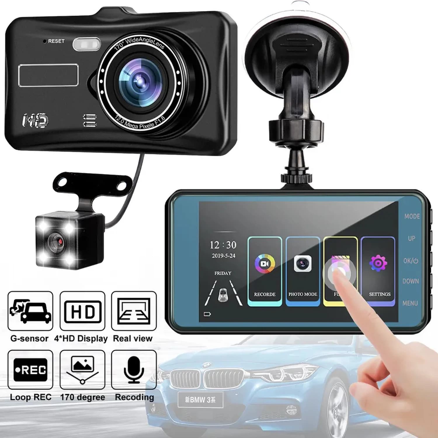 In-car camera for cars, FHD 1080P driving camera—front, left, right, and rear—with night vision and loop recording, plus an additional wiring kit