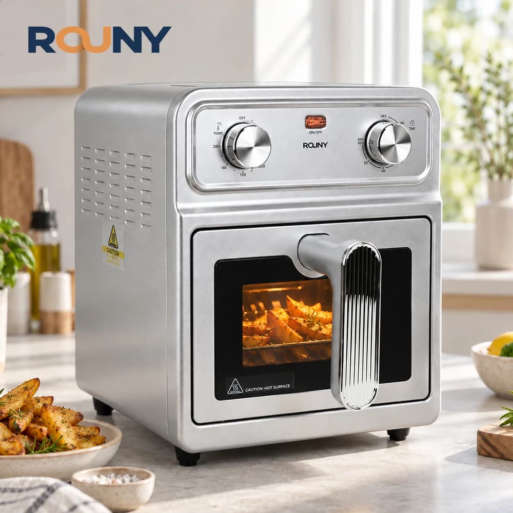 ROUNY All-Stainless Steel Air Fryer Oven with View-Window, Classic Knob Control 80-200℃ Dual-Heating No-Turn Baking,Family Size