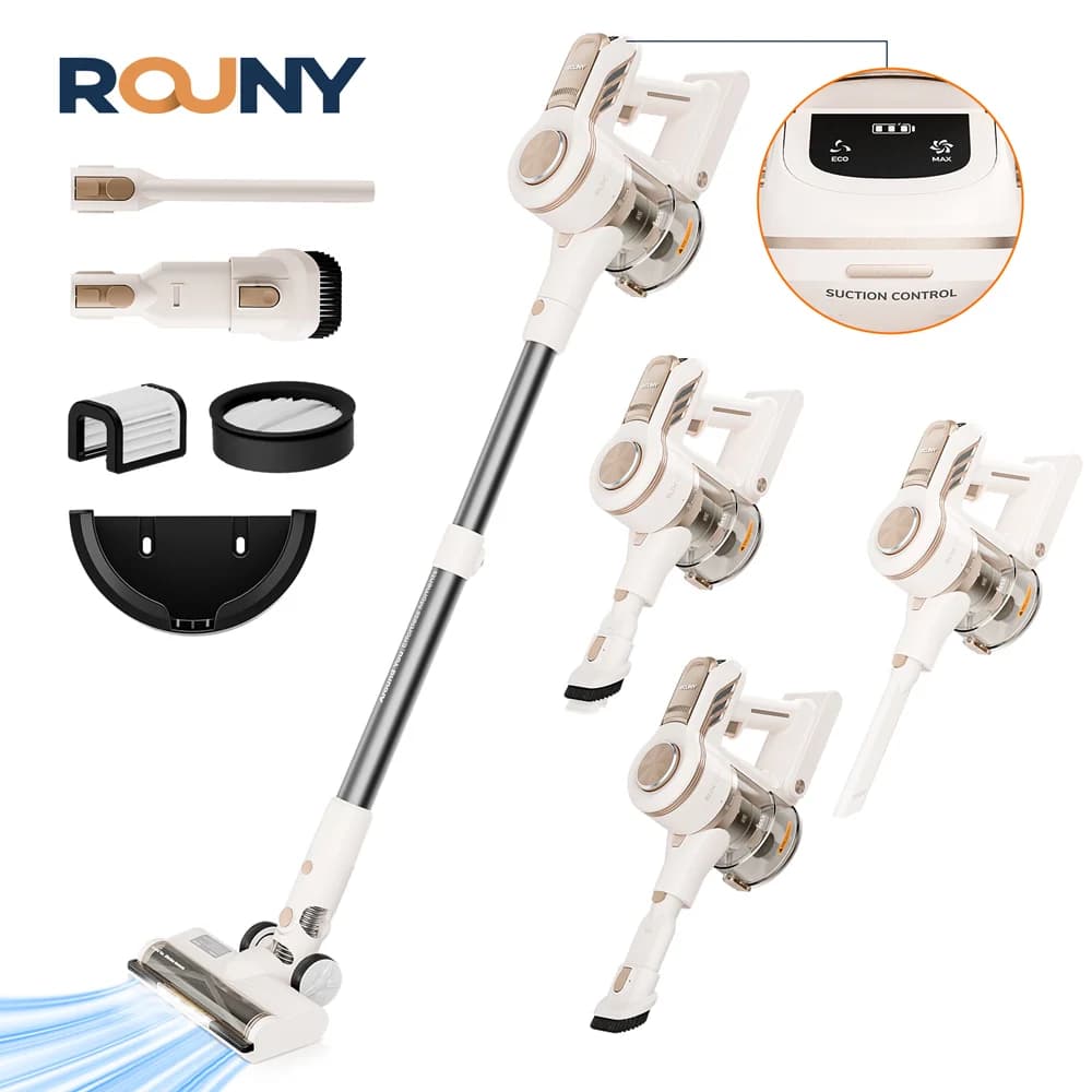 ROUNY Smart Cordless Vacuum with LED & Touch Screen, Powerful Dual Suction, Brushless Motor, 40min Runtime, Detachable Battery
