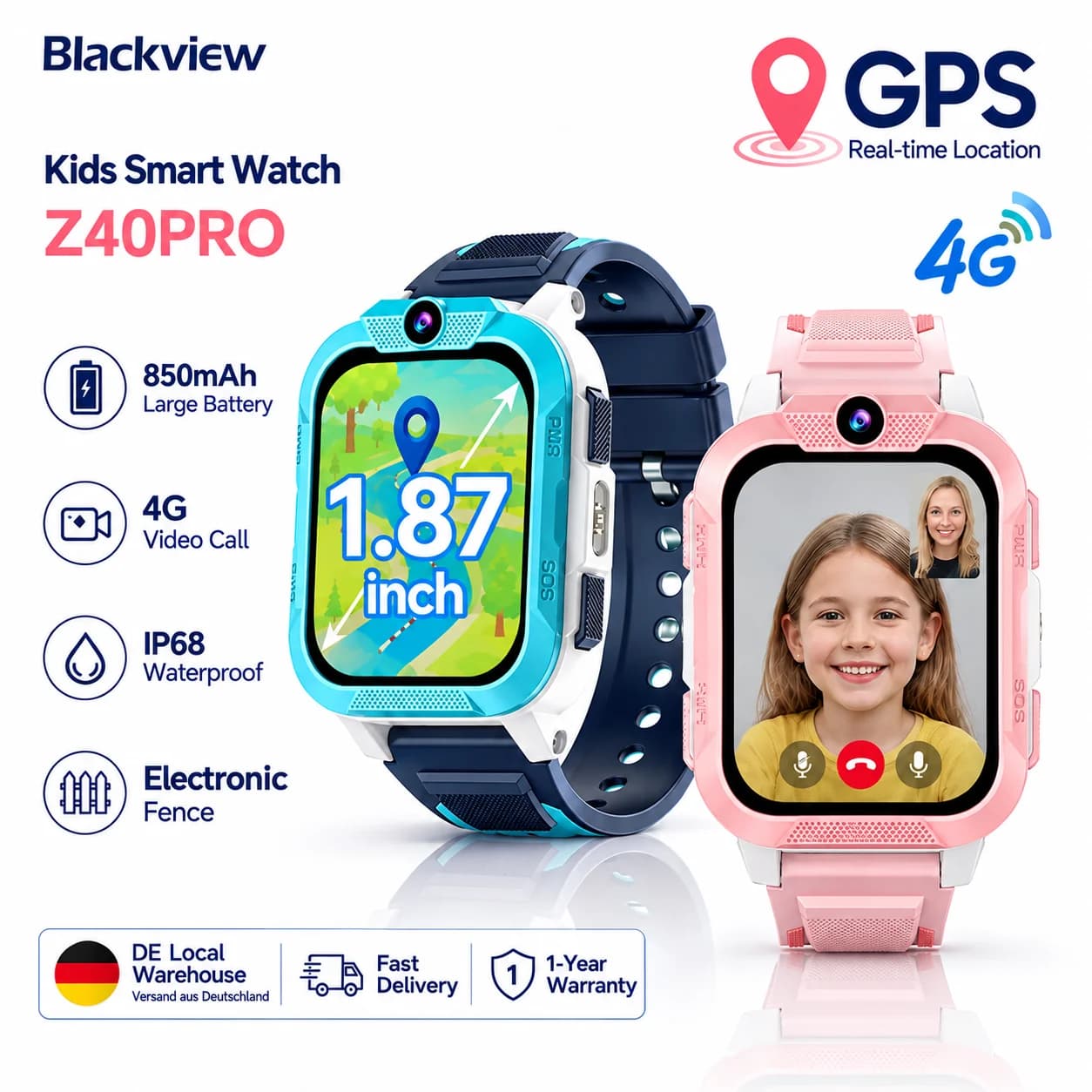 Blackview Z40 Pro 4G Kids Smart Watch Video Call GPS Positioning 850mAh Battery Children Phone Watch Voice Chat Smartwatch