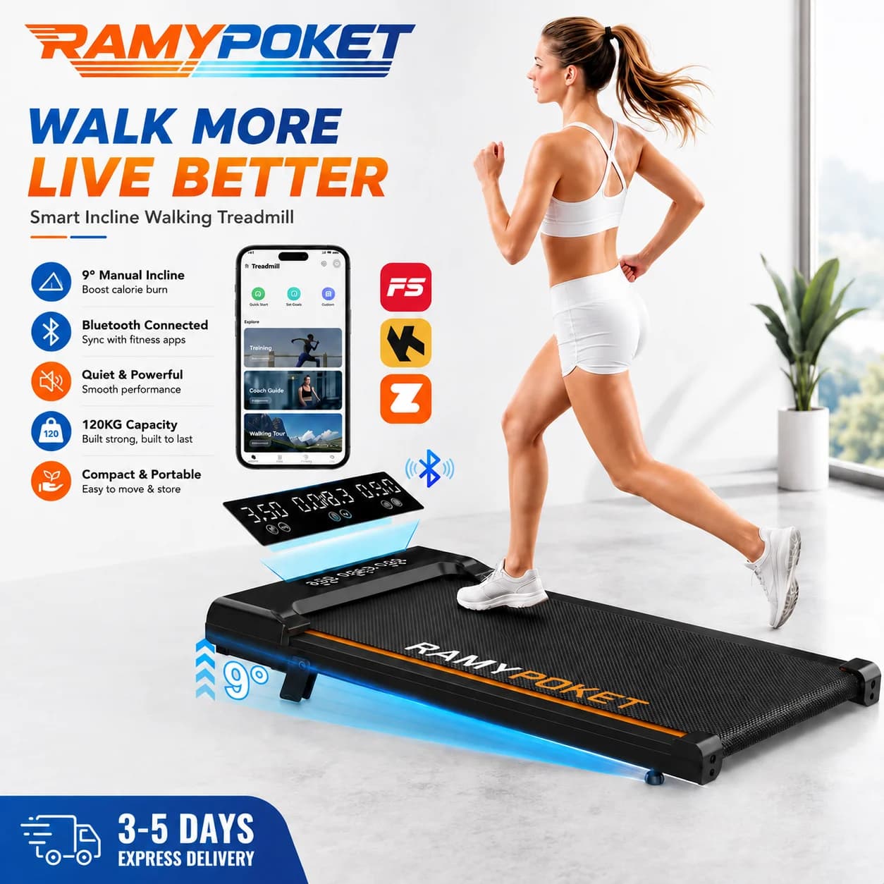 Electric Treadmill Home with 9% Incline,Silent Treadmill App/Led ,1-8Km/H,Max Load 130kg Walking Pad Tread