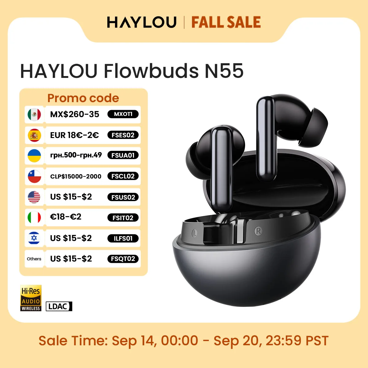 HAYLOU Flowbuds N55 Wireless Earbuds 54dB Adaptive ANC Bluetooth 6.0 LDAC Hi-Res Audio 6-Mic HD Call Earphones 40H Playback IPX5