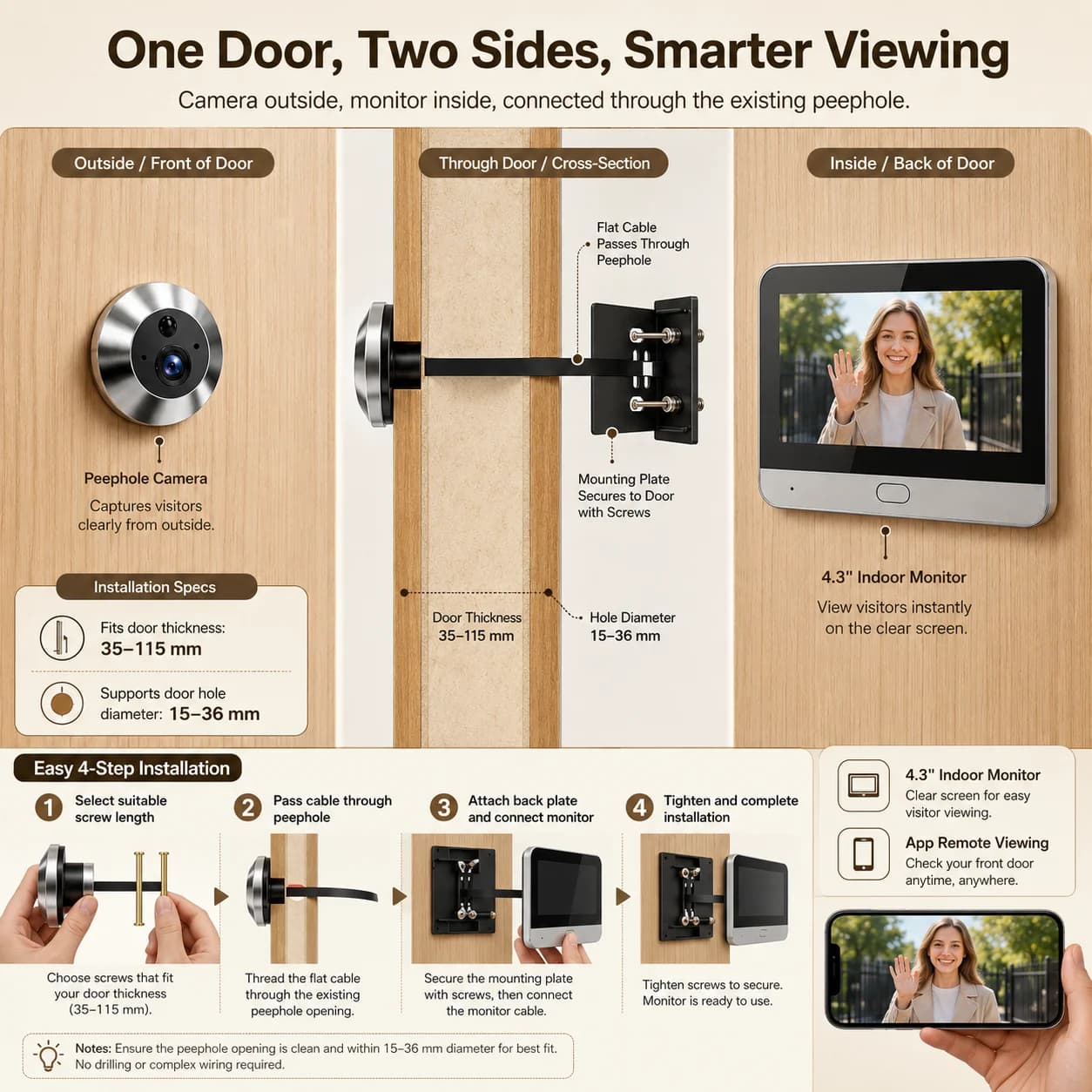 5MP WiFi Smart Peephole Door Viewer 4.3 Inch Digital Doorbell Camera with 5000mAh Rechargeable Battery PIR Motion Detection TF Card Storage One Way Audio Remote Phone View Tuya Smart Life Alexa Google