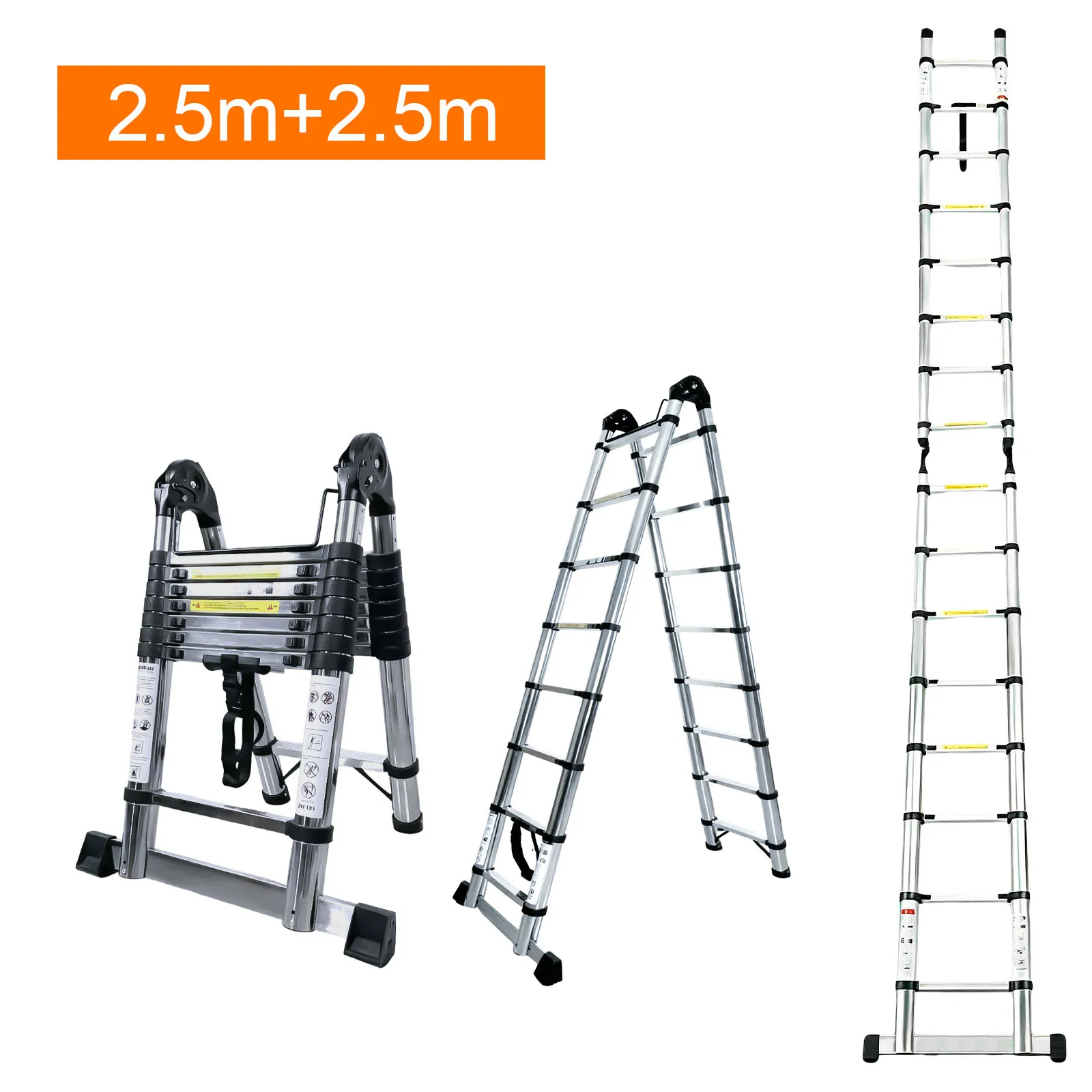 Stainless Steel One‑Button Retractable Telescopic Ladder 3.8M‑5.0M, Portable, EN131 Certified, 150kg Max Load, Detachable Hooks & Stabilizer Bar, Anti‑Slip Multi‑Purpose for Indoor & Outdoor Use