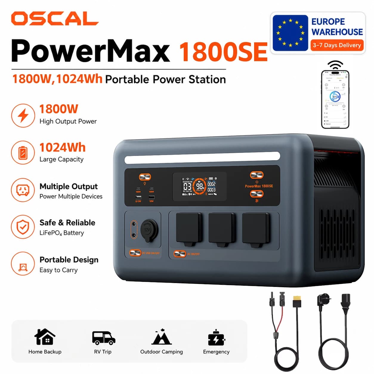 OSCAL PowerMax1800SE Portable Power Station 1800W Solar Generator 1024Wh Lifepo4 Battery Home Backup Outdoor Camping Mobile Power