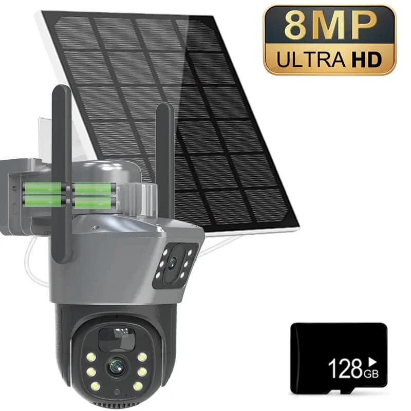 4K 8MP WiFi Solar Camera Dual Lens Dual Screen Outdoor Wireless PTZ Cam Security Protection Auto Tracking Surveillance IP Camera