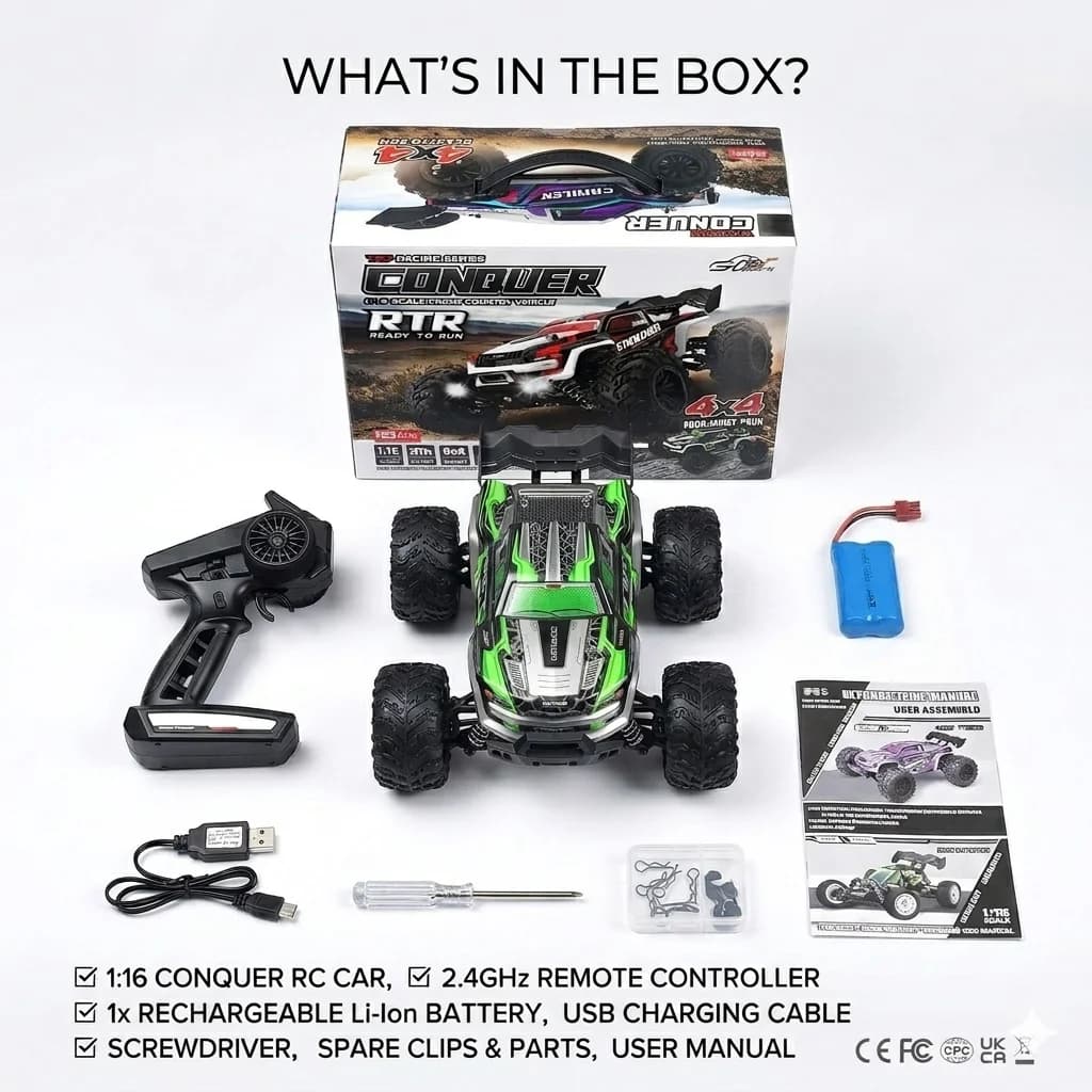RC Car 1:16 Scale Off-Road 4WD 50km/h High Speed 390 Motor 35A ESC 2.4GHz Remote Control 17G Servo Metal Shocks IPX4 Waterproof Wheelie Bar RTR Hobby Truck Gift for Kids Adults